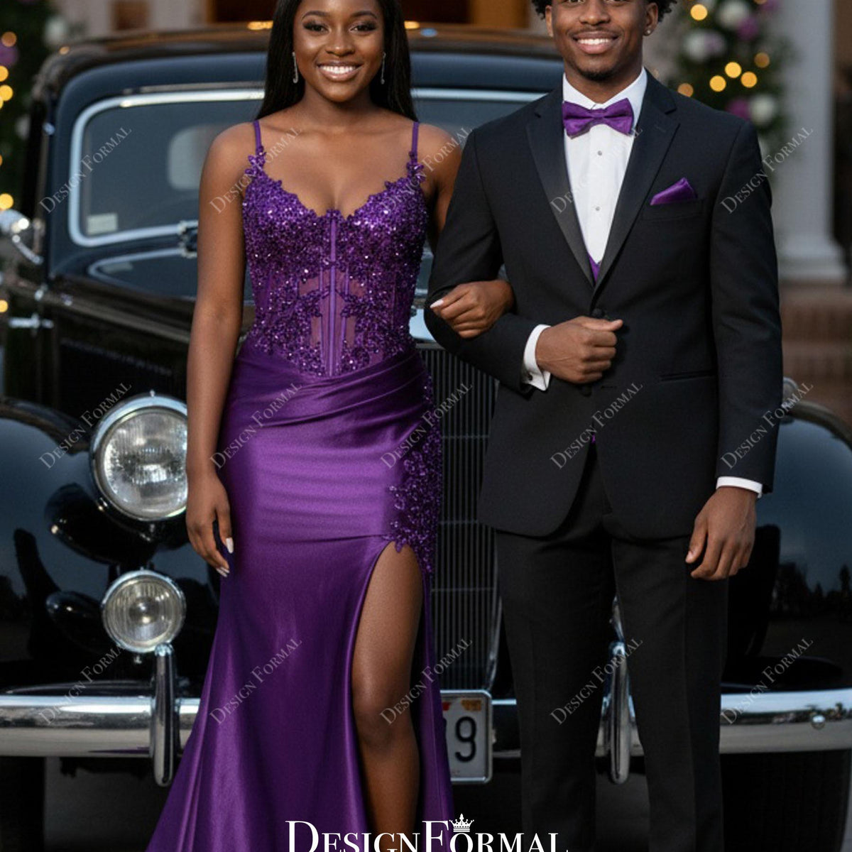 Chic Grape Spaghetti Strap Illusion Corset Slit Prom Dress