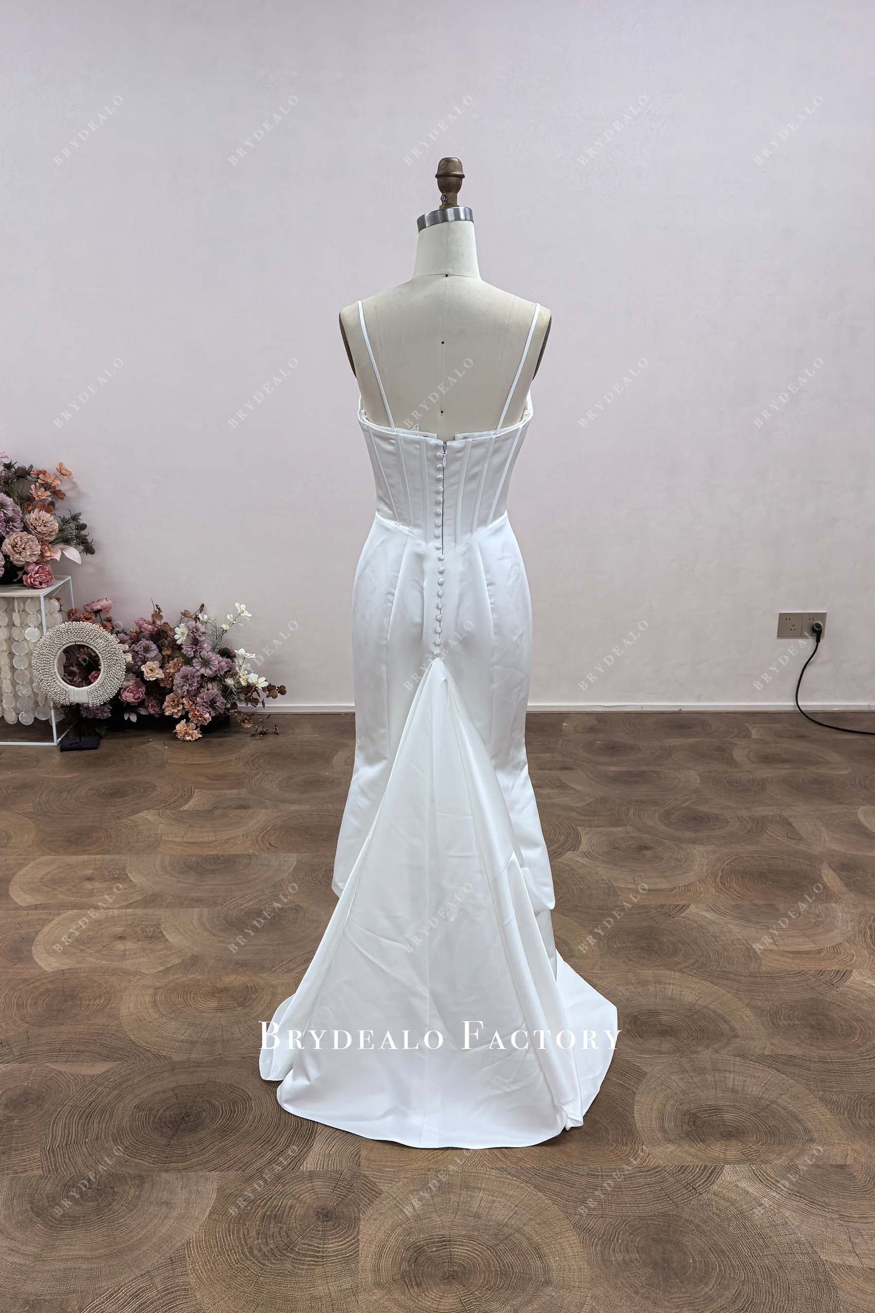 spaghetti straps bustle up mermaid wedding dress