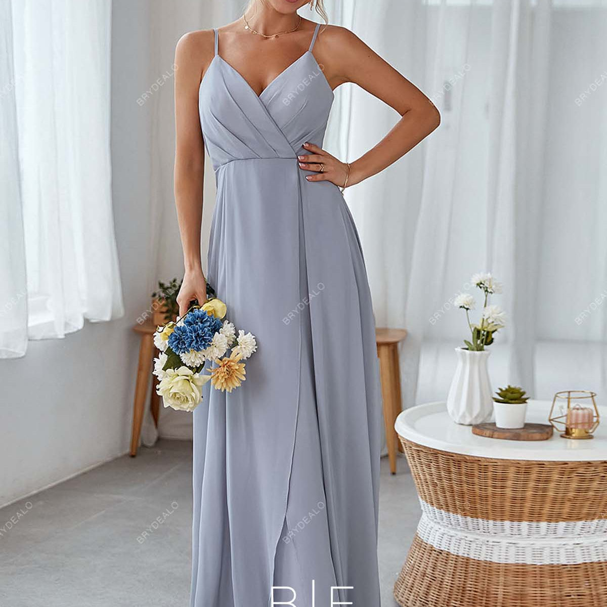 Dusty Blue Chiffon Thin Strap Elegant Long Open Back Bridesmaid Dress Dusty Blue Chiffon Thin Strap Elegant Long Open Back Bridesmaid Dress