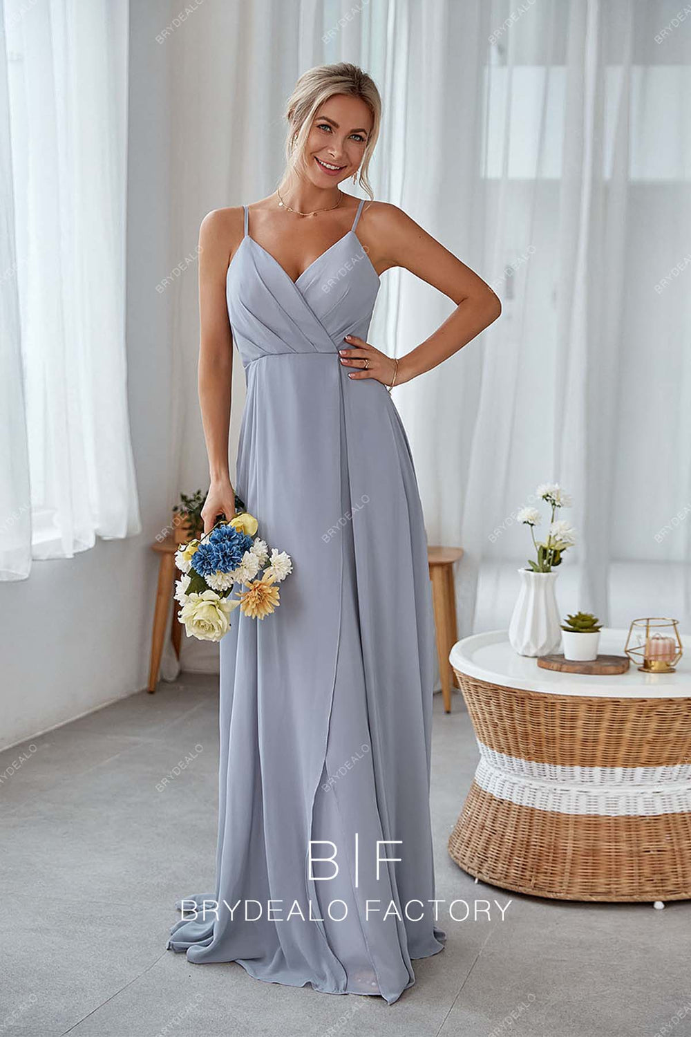 Dusty Blue Chiffon Thin Strap Elegant Long Open Back Bridesmaid Dress