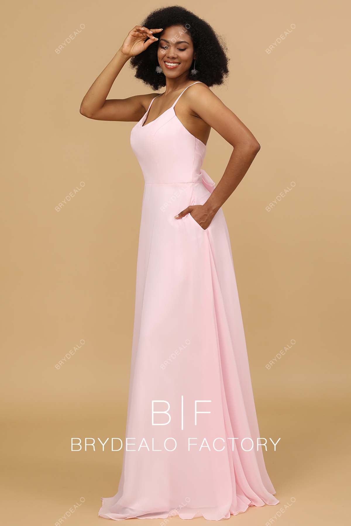 spaghetti straps Pockets Long wedding party gown