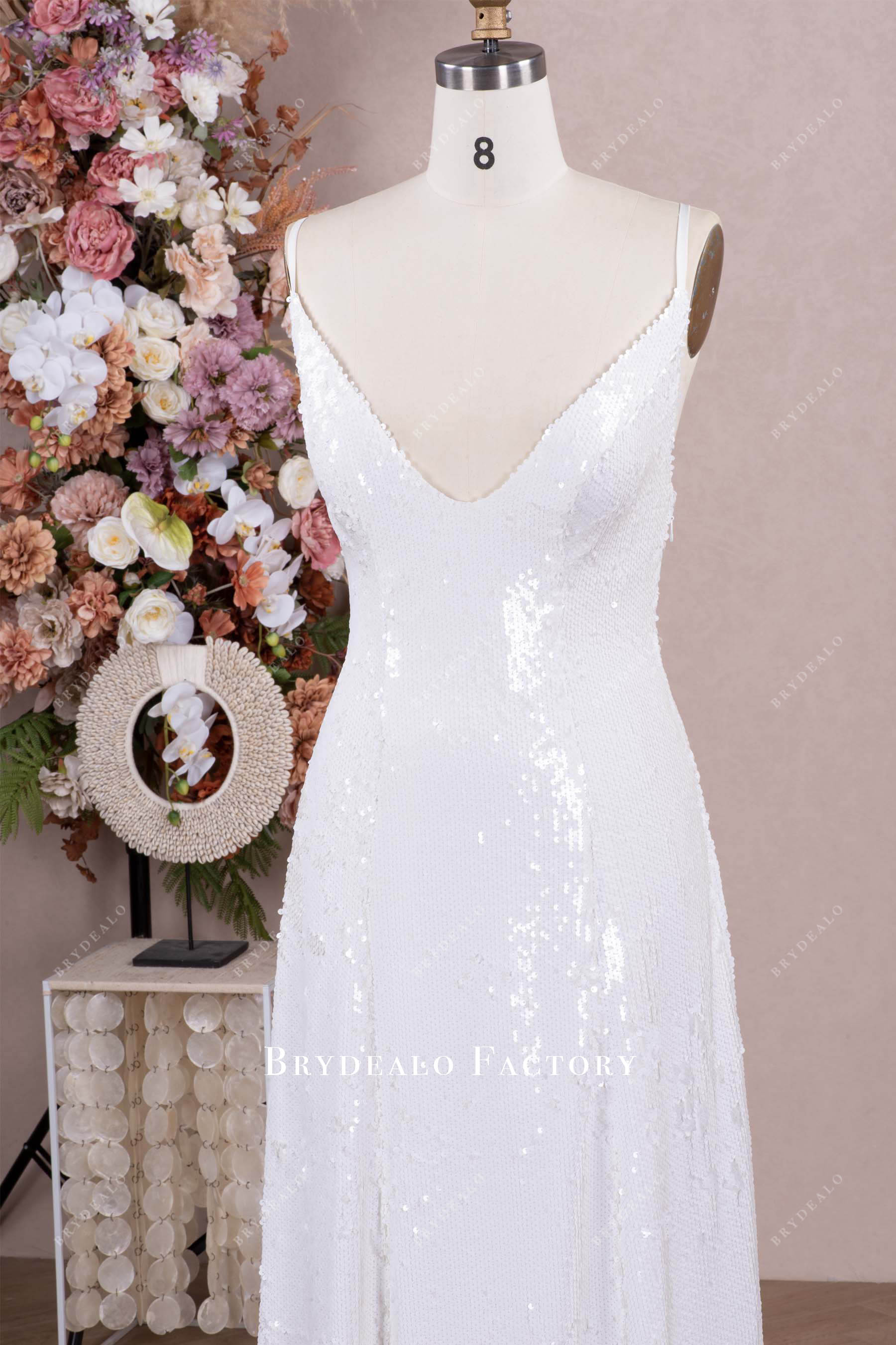 spaghetti straps sequin summer wedding dress