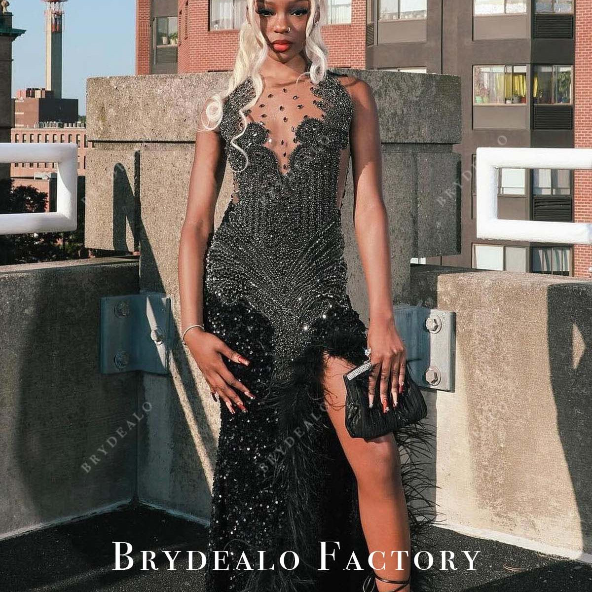 Prom Dress | Rhinestones Black Illusion Neck Feathered Slit Formal Gown Prom Dress | Rhinestones Black Illusion Neck Feathered Slit Formal Gown