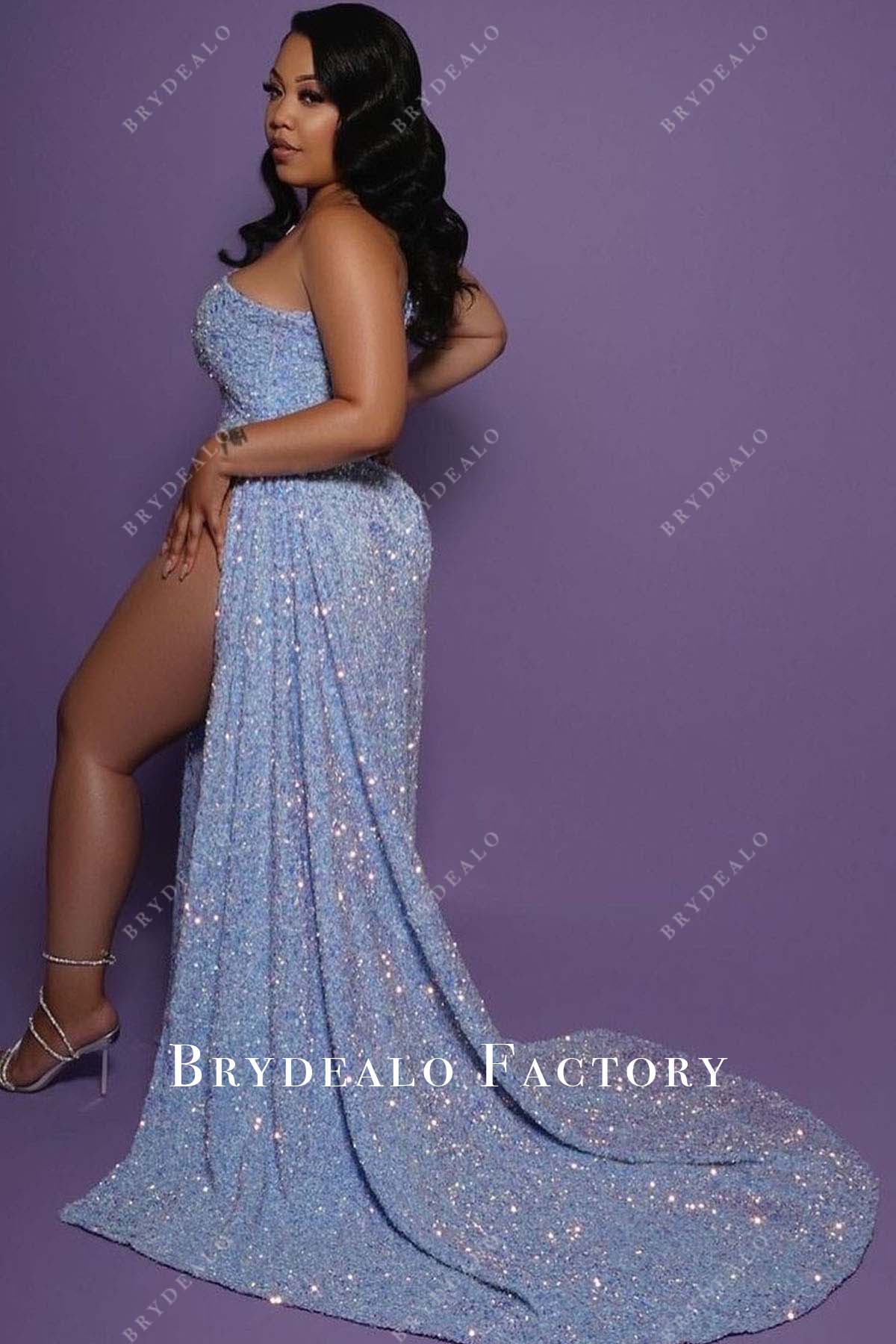 sparkly blue sequined slit long train prom dress