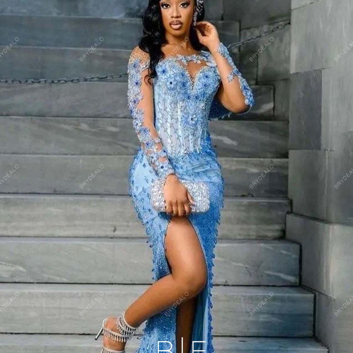Luxury Allover Crystals Beading Blue Mermaid Prom Dress