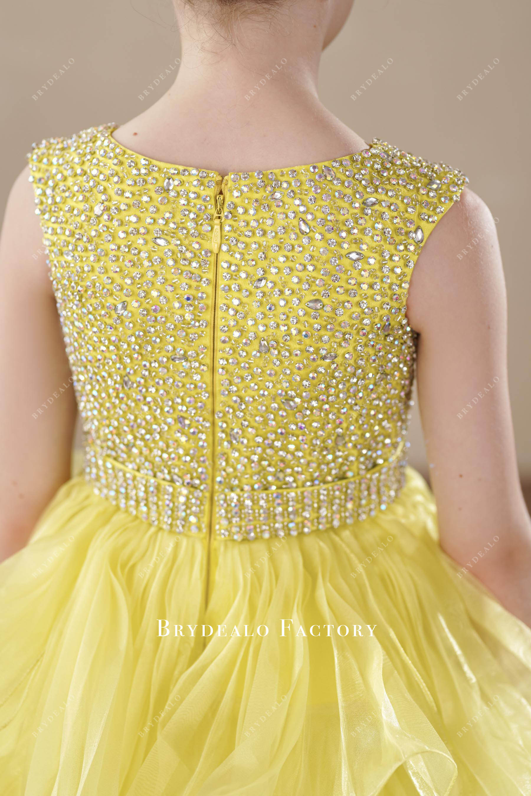 sparkly rhinestones sleeveless yellow Child Pageant Dress