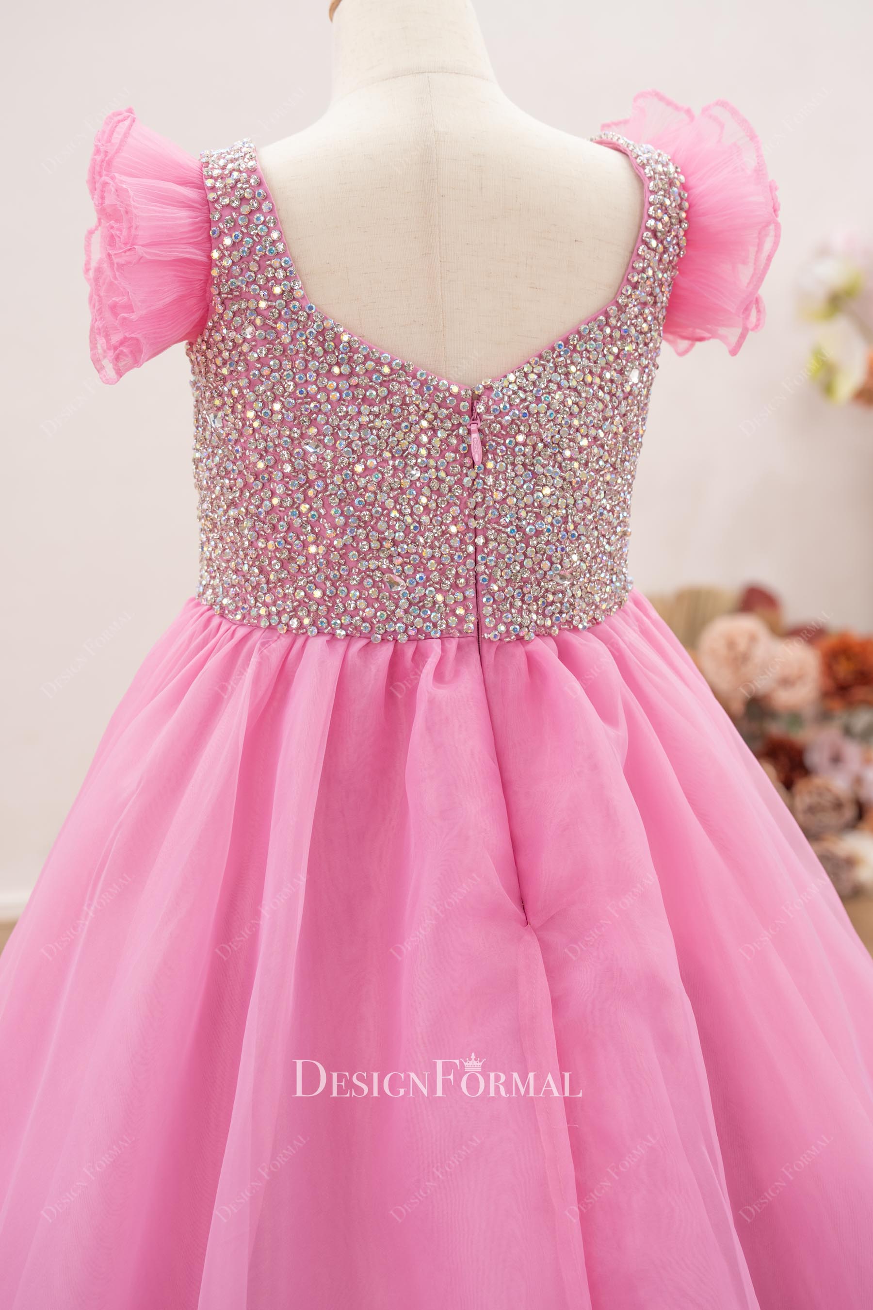 sparkly candy pink v back pageant ballgown