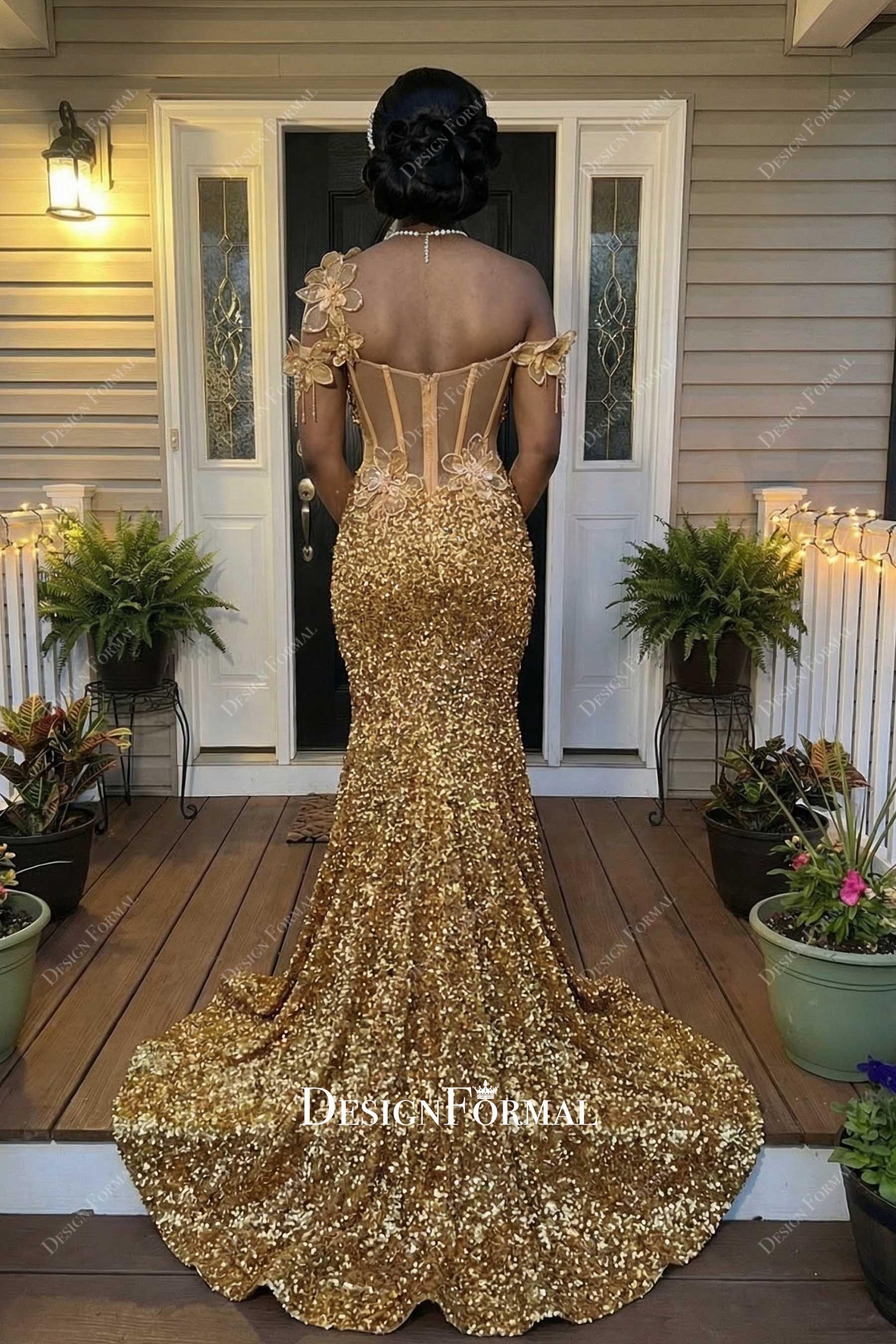 sparkly gold corset back prom dress