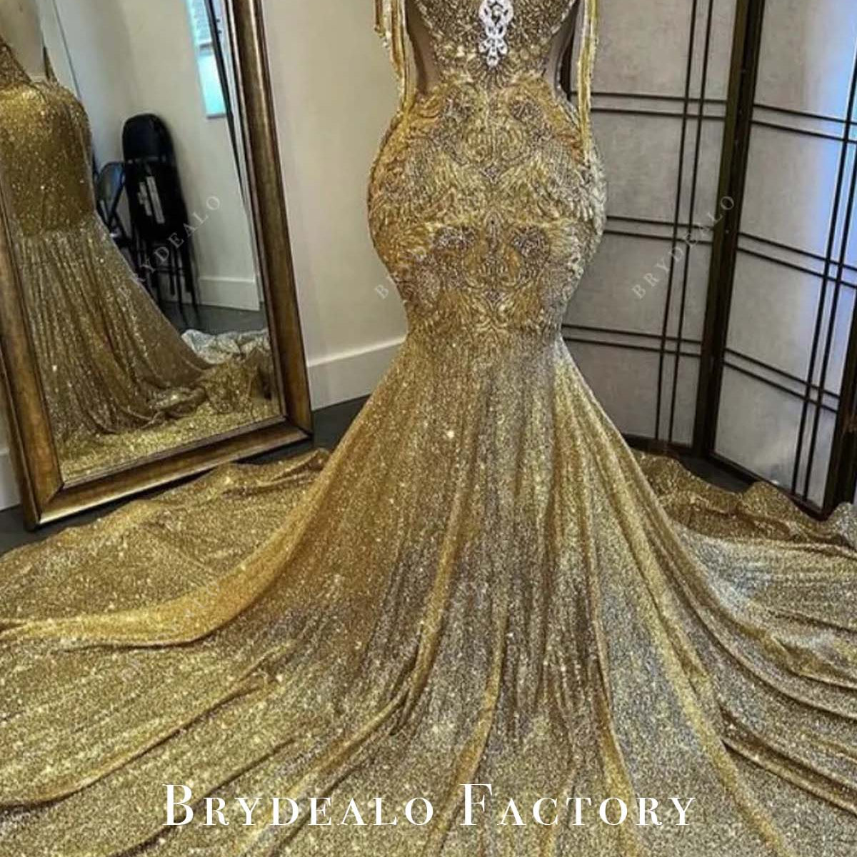 Gold Sequin Braelynn Formal Sequin Mermaid Dress Gold Sparkly Plunging Neck  Mermaid Long Train Prom Dress