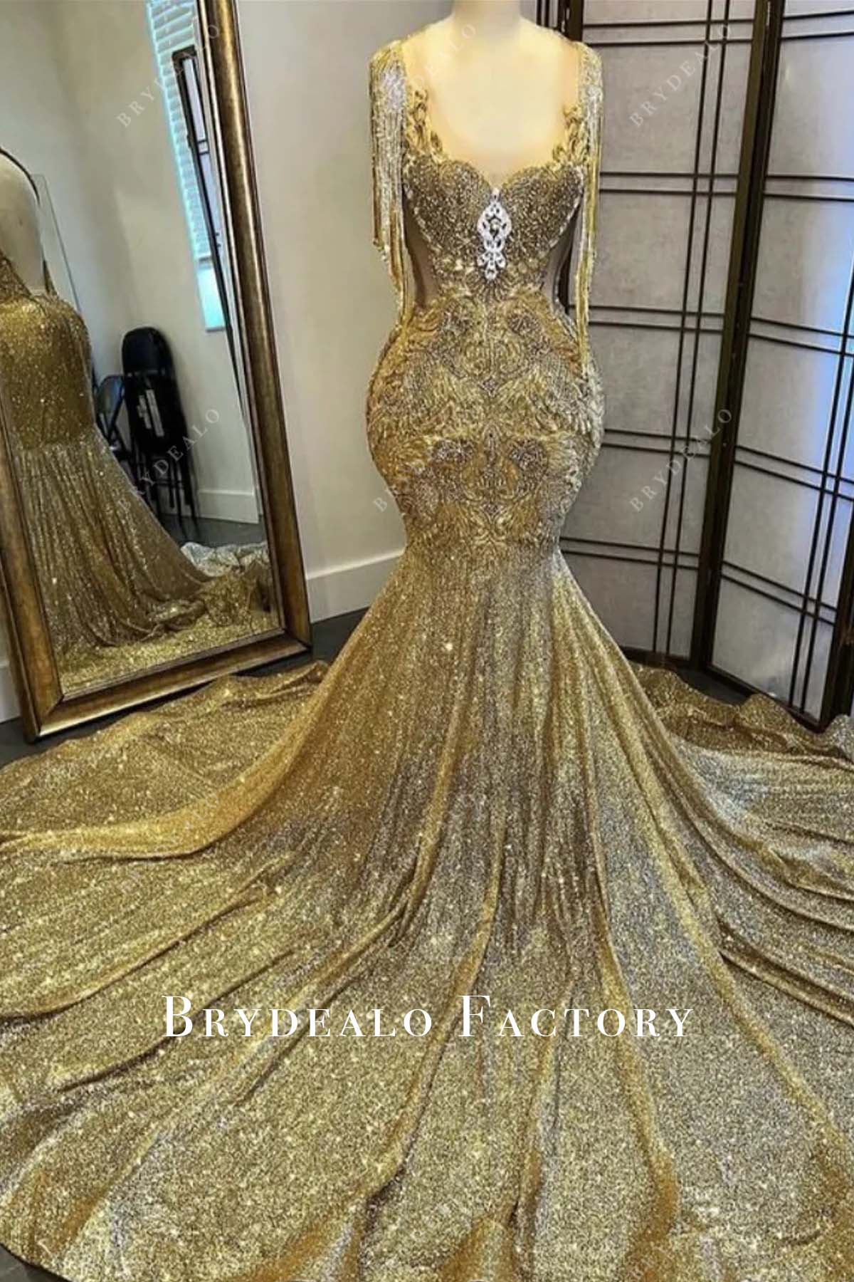 Gold Sparkly Plunging Neck Mermaid Long Train Prom Dress