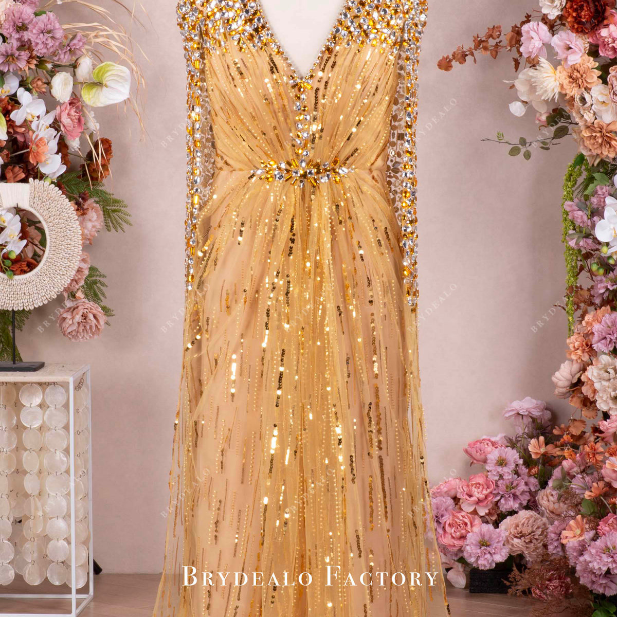 Luxe Gold Rhinestones V-neck Long Wedding Prom Dress Luxe Gold Rhinestones V-neck Long Wedding Prom Dress