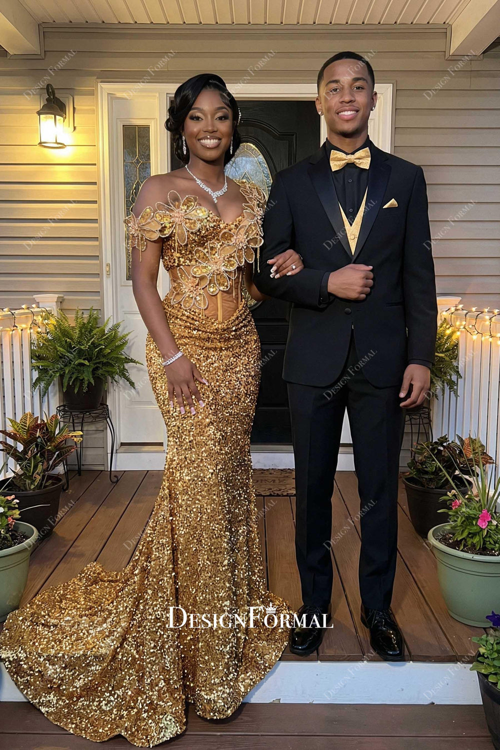 Gold Sequin 3D Floral Mermaid Court Train Prom Dress