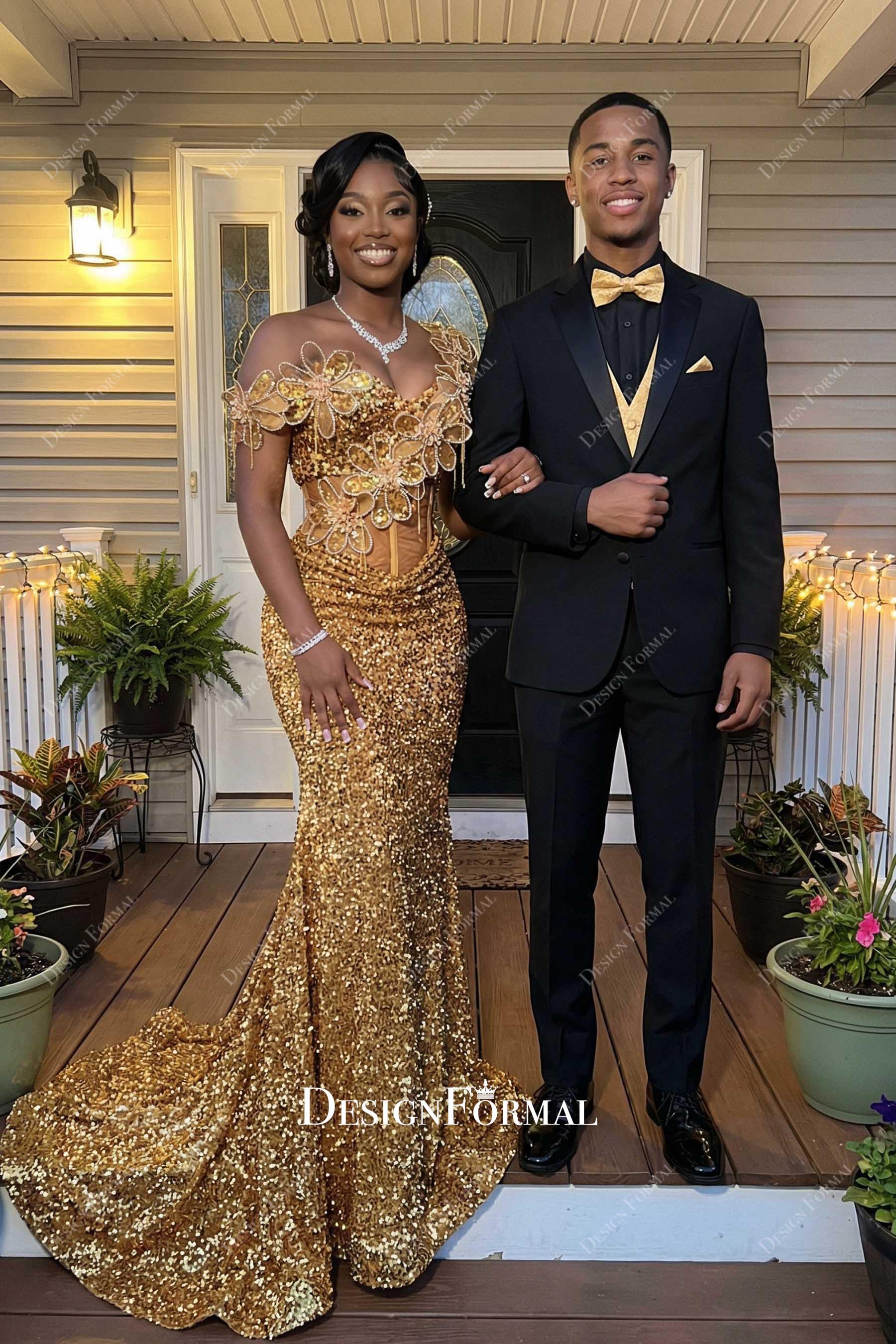 sparkly gold mermaid prom dress