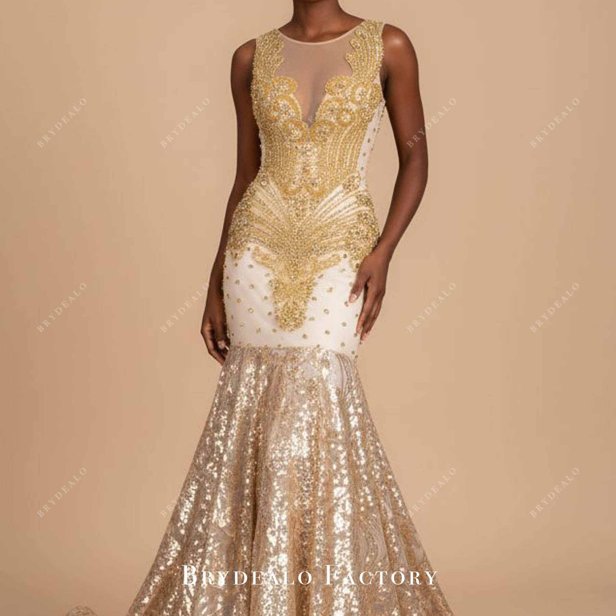 Rhinestones Gold Sequined Long Trumpet Prom Gown Rhinestones Gold Sequined Long Trumpet Prom Gown