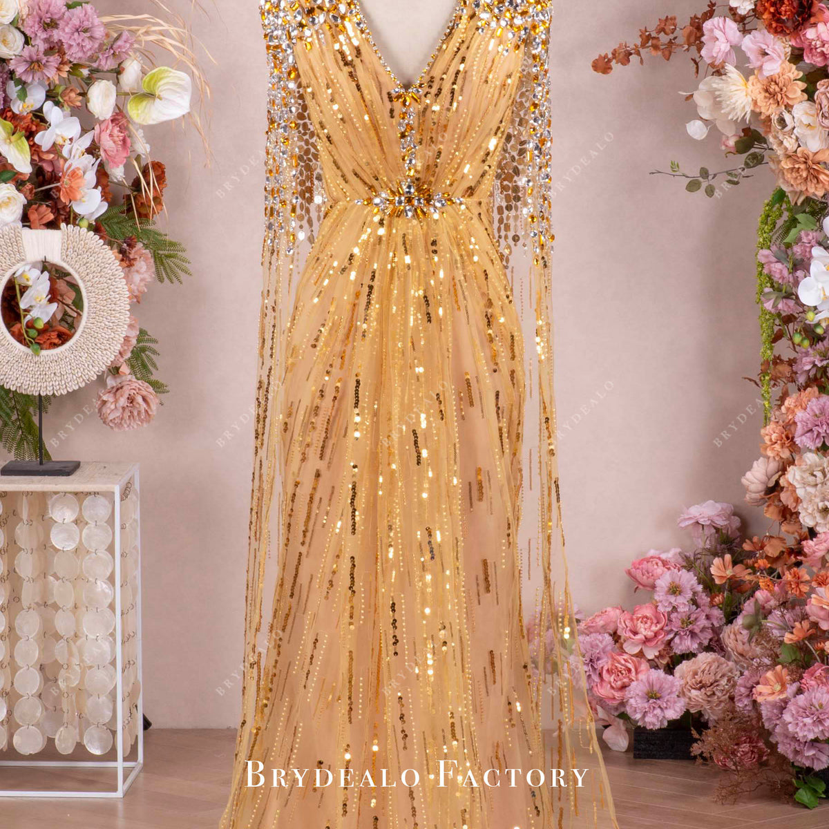gold rhinestone dress Jovani D5705 - Long Sheath this gown sparkles with elegance and luxury Gold Nude Embellished Dress with