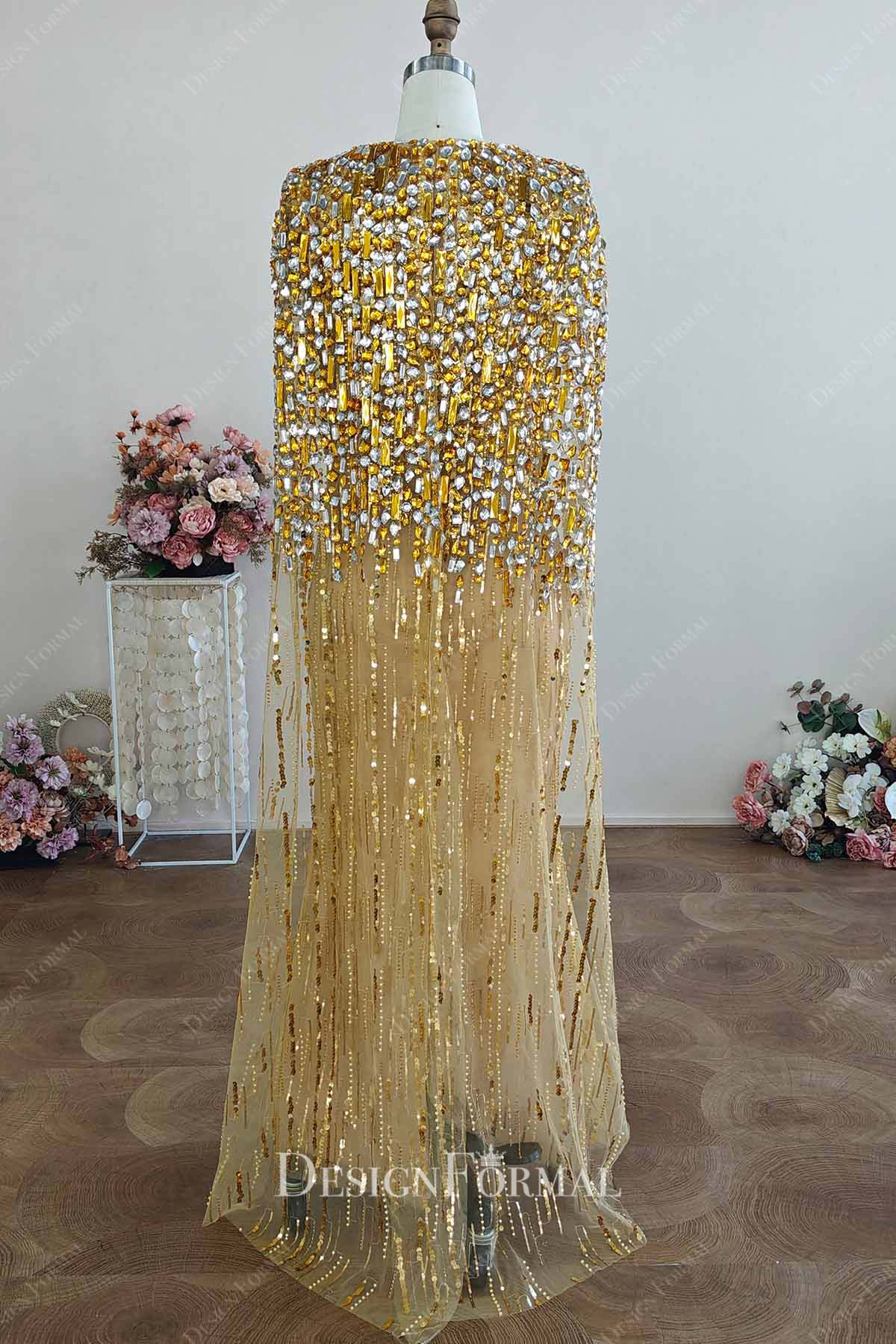 sparkly gold sequin detachable cape prom dress