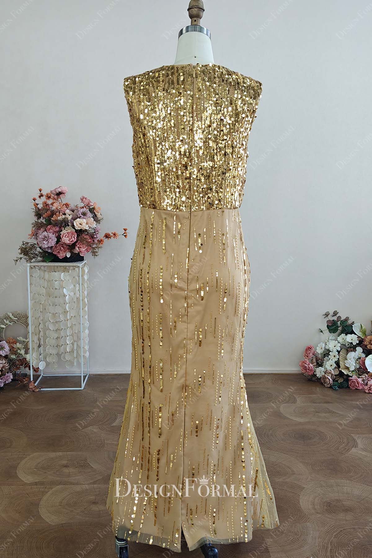 sparkly gold sequin floor length prom dress