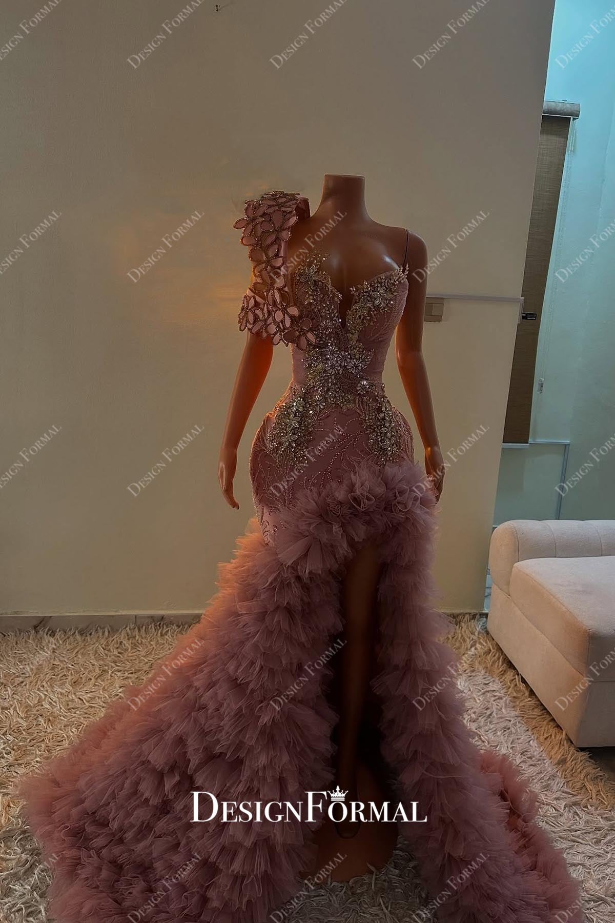 sparkly high low trumpet prom dress