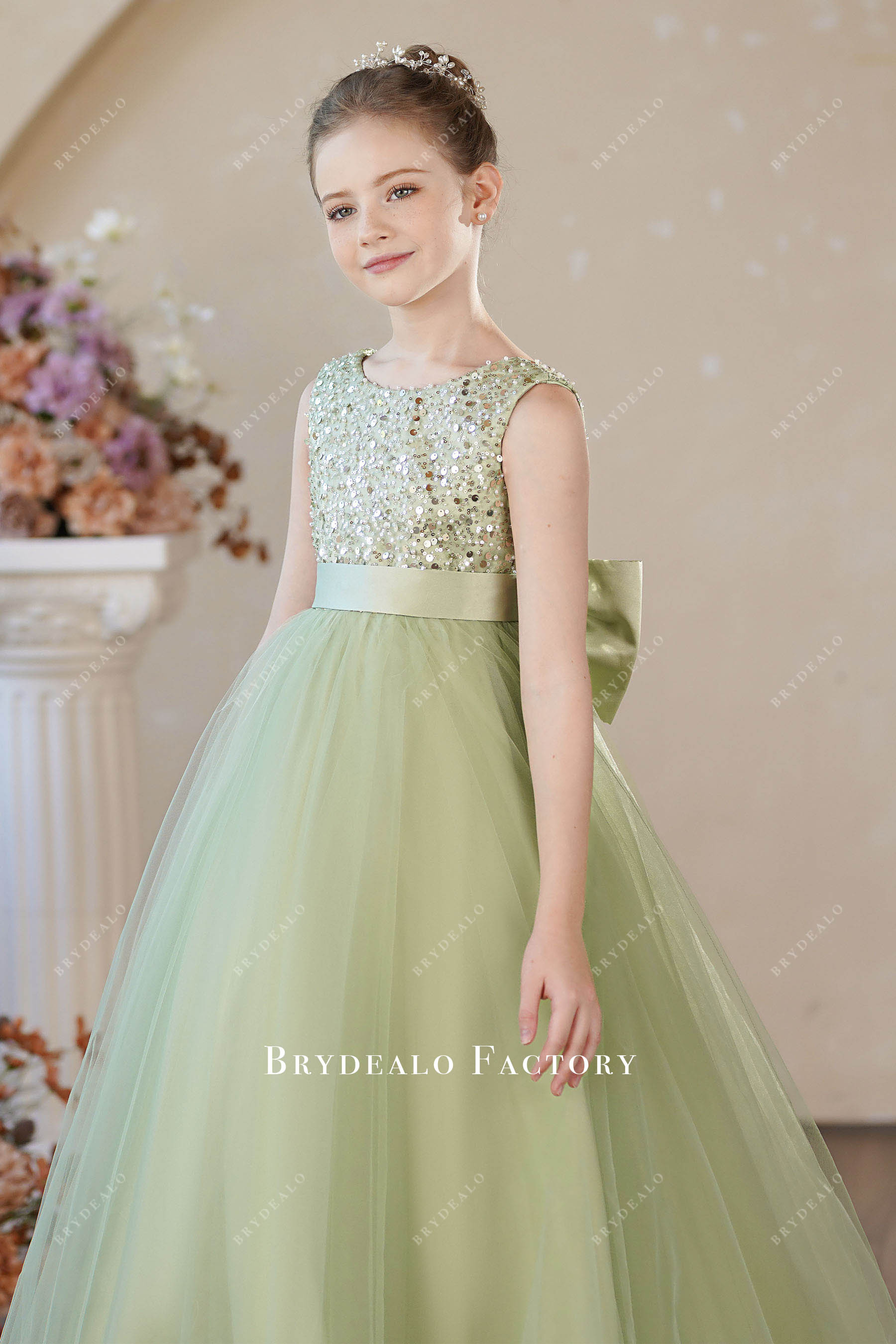 sage beading sequins kids birthday gown