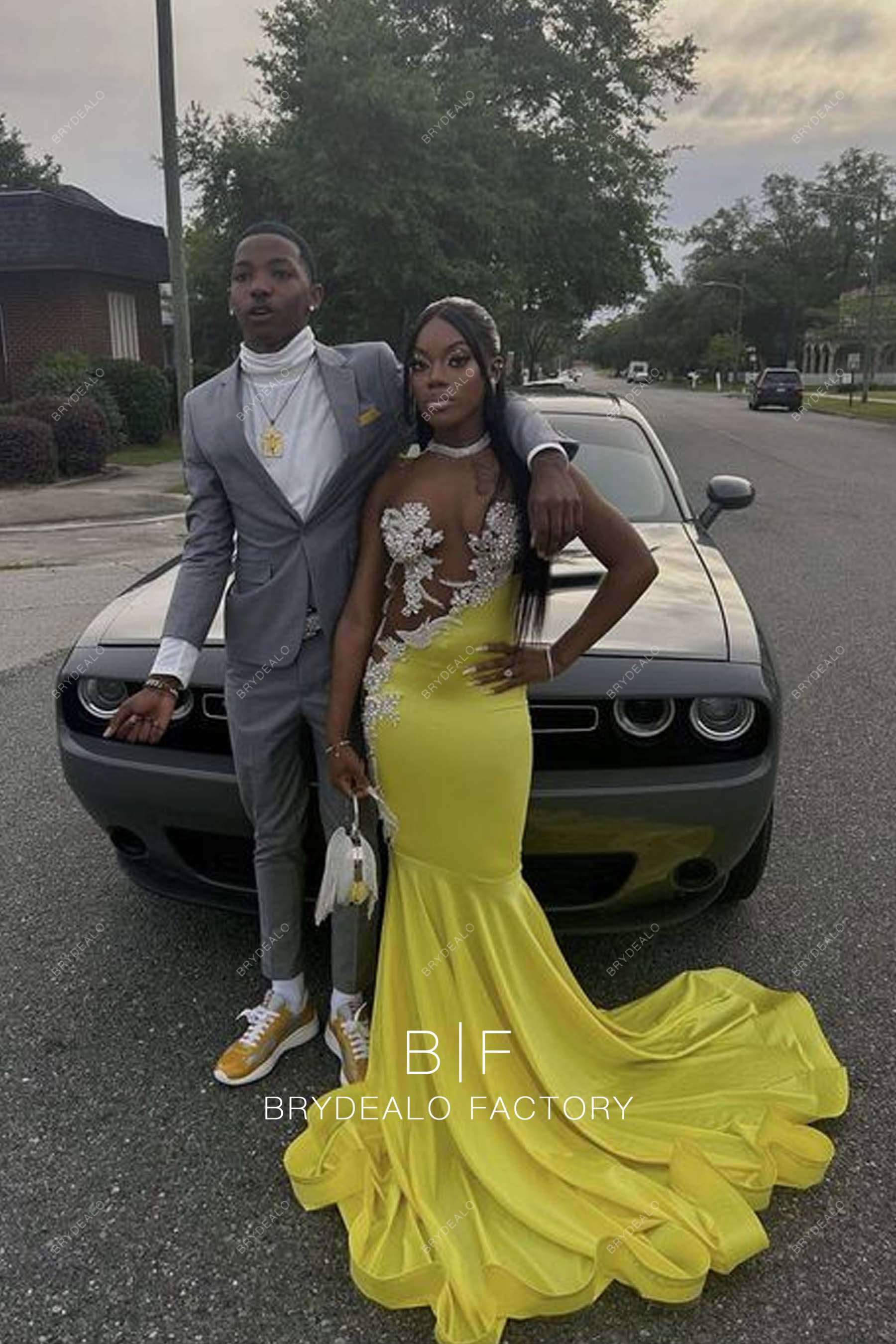 Sexy Illusion Neck Custom Beaded Lace Yellow Jersey Mermaid Prom Gown