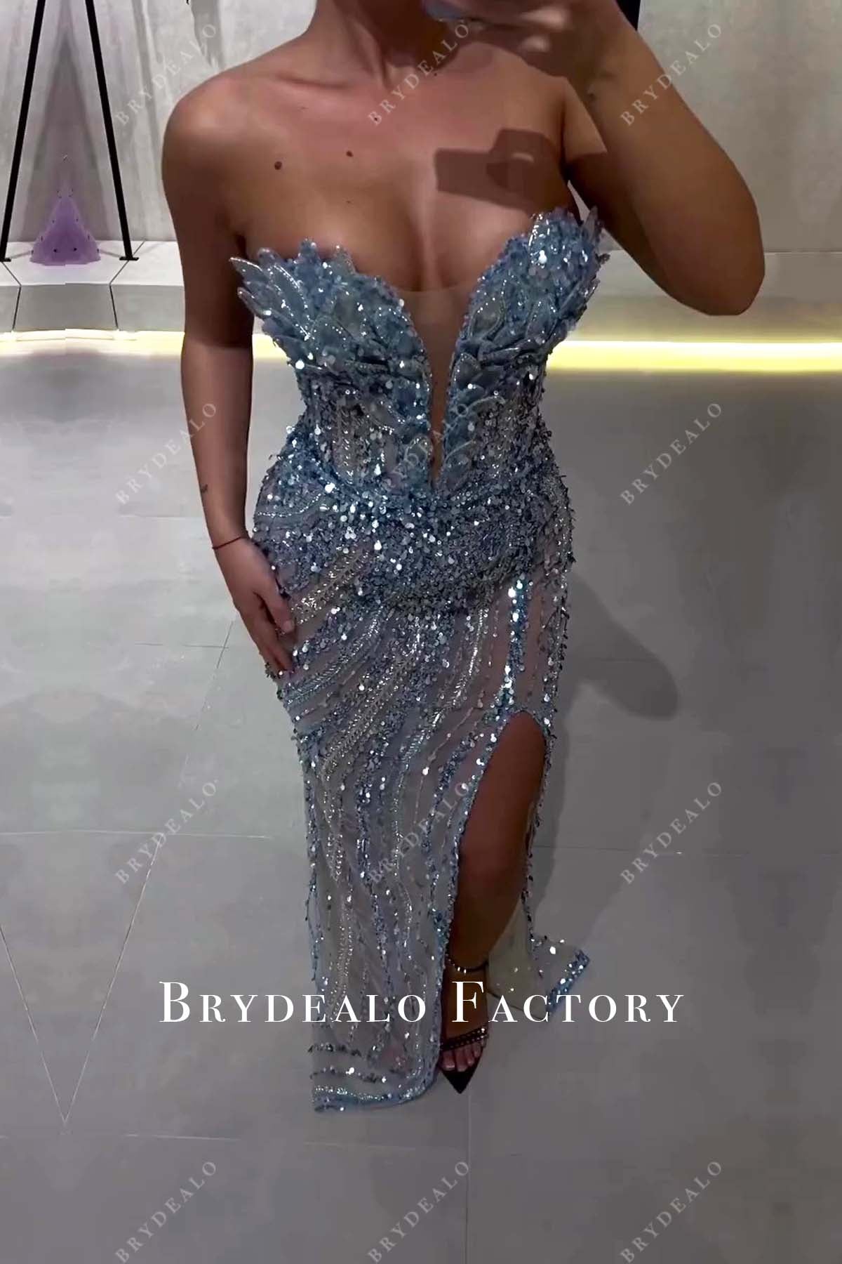 Sparkly Long Plunging Neck Slit Prom Dress