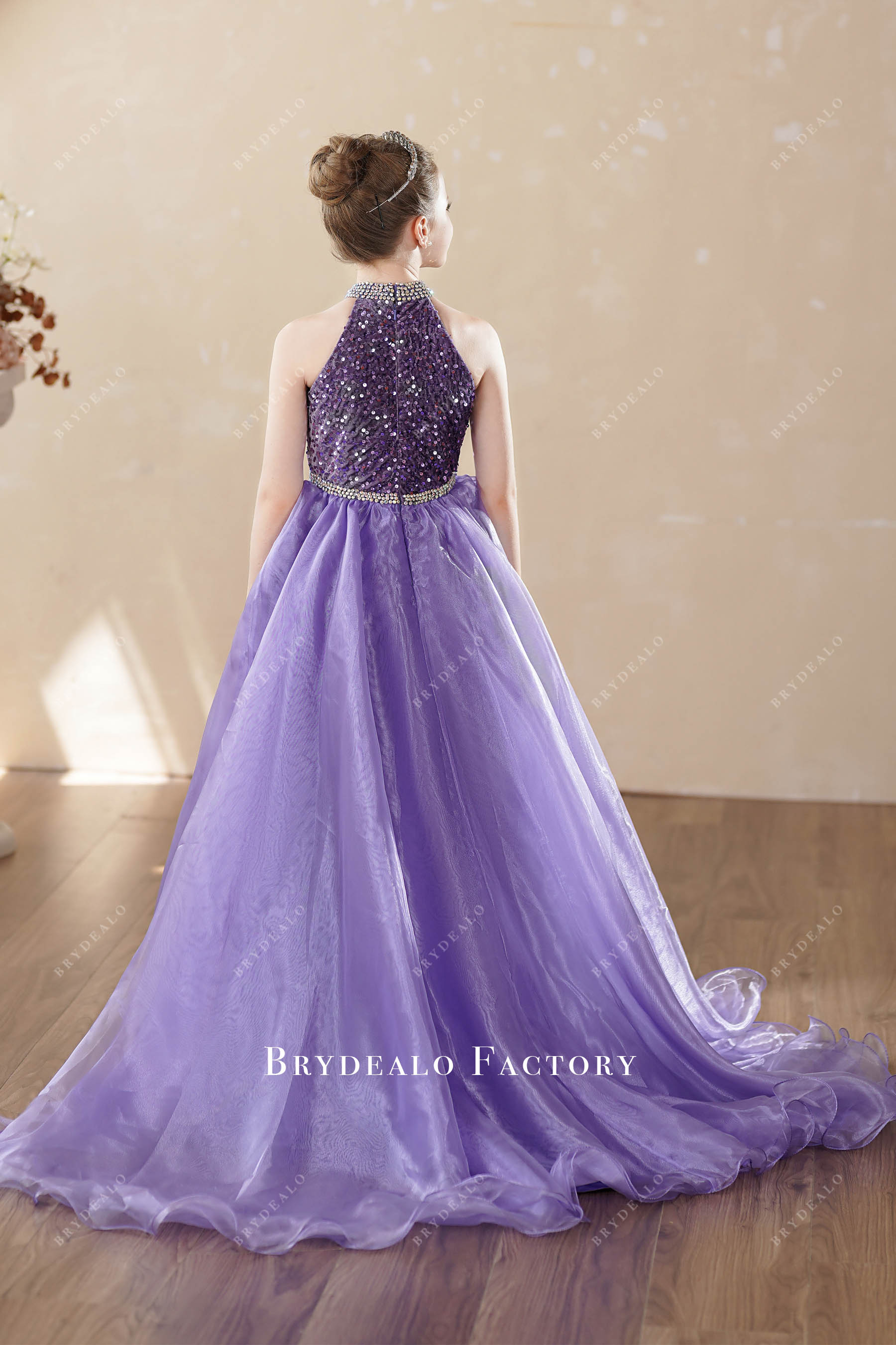 sleeveless long train ball gown young girl pageant dress