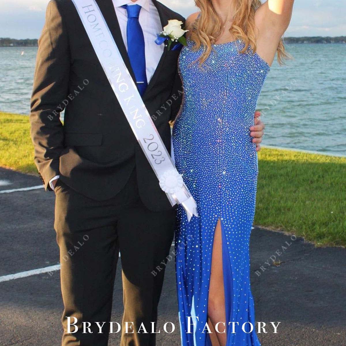 Sparkly Ocean Blue Thin Straps Slit Homecoming Dress