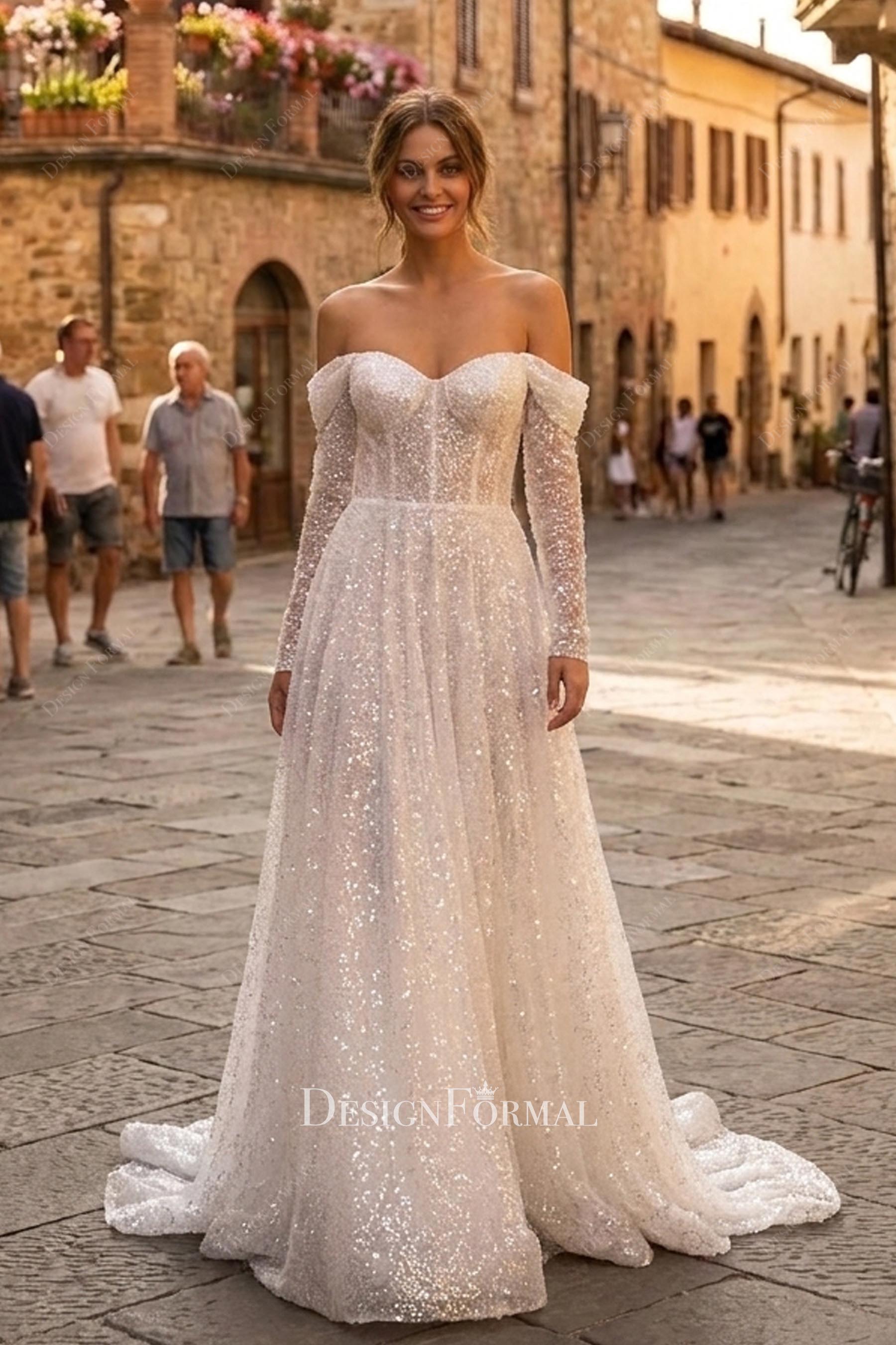 sparkly off the shoulder a line wedding dress