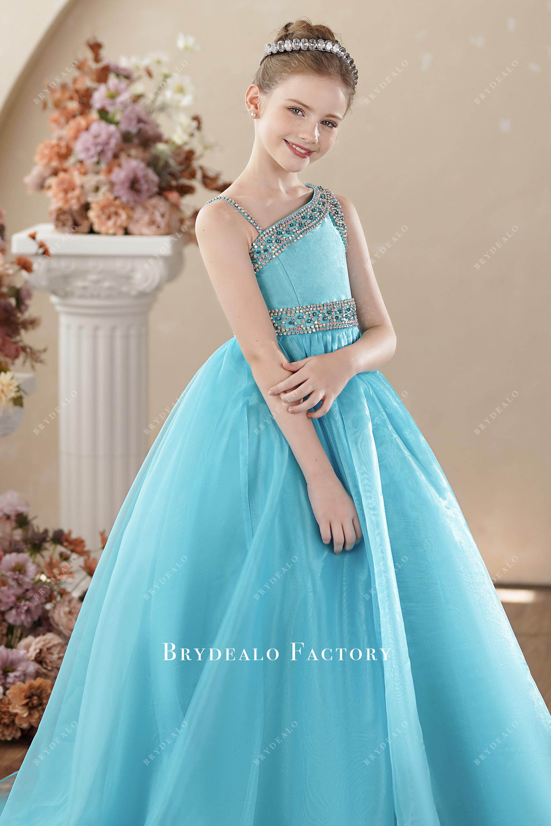 sparkly asymmetrical blue organza kids pageant gown