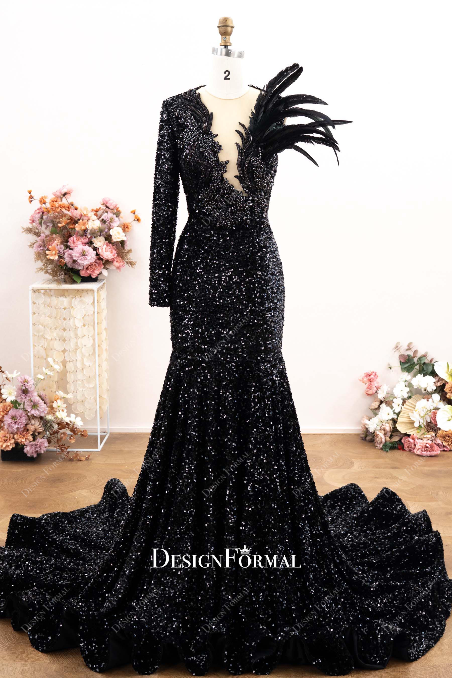 Black Sparkly Feather Brooch Long Prom Dress Black Sparkly Feather Brooch Long Prom Dress