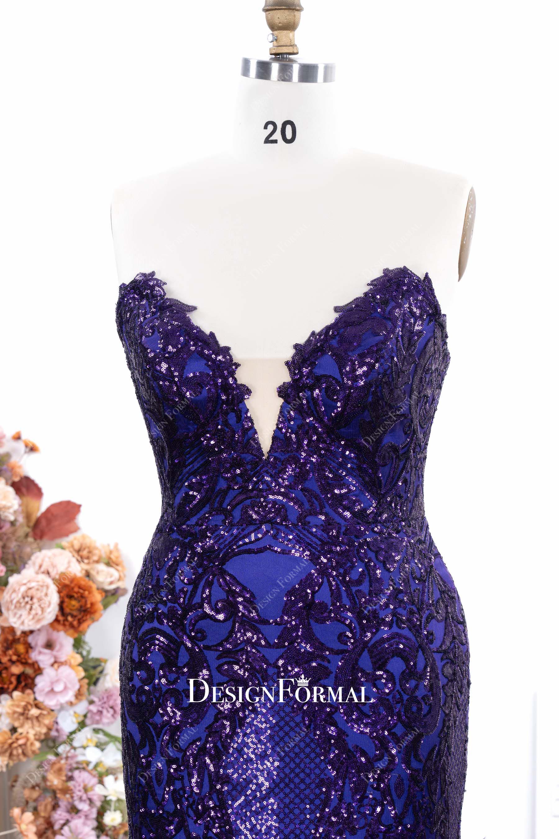 sparkly purple sequin strapless formal dress