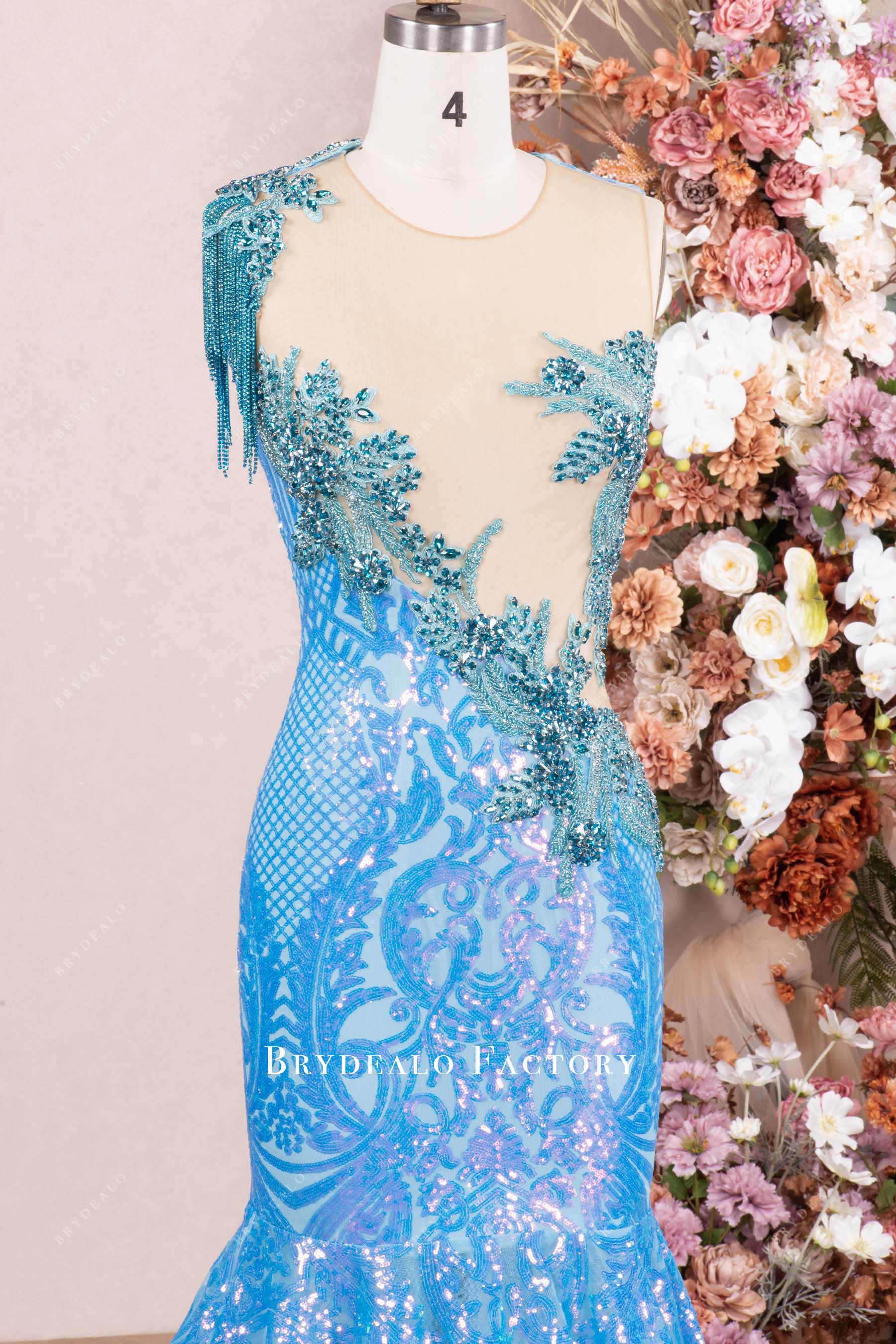 sparkly blue rhinestone applique prom dress