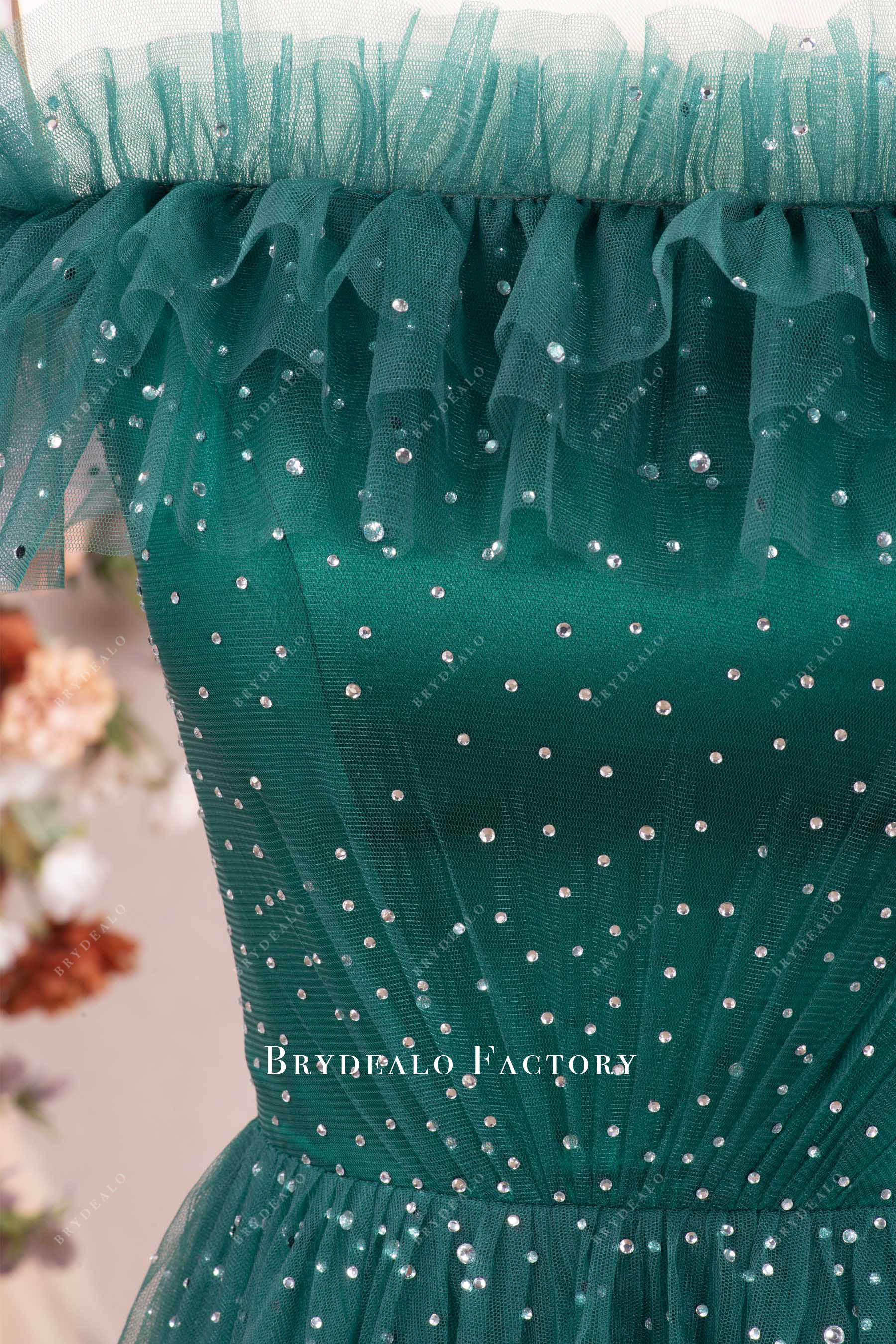 sparkly rhinestones dark green tulle formal dress