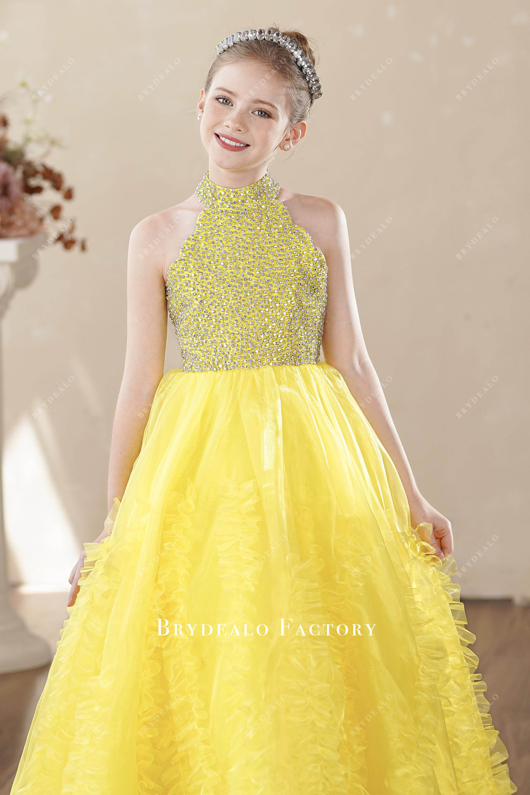 sparkly rhinestones yellow young girl pageant dress