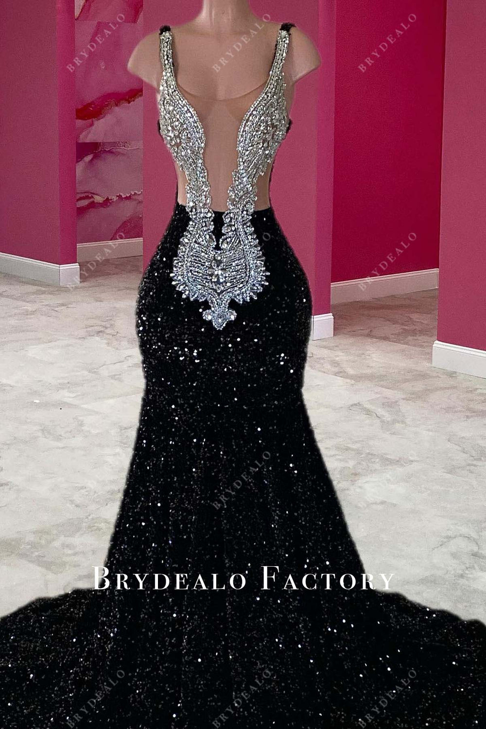 Sparkly Silver Rhinestones Black Sequined Mermaid Prom Dress