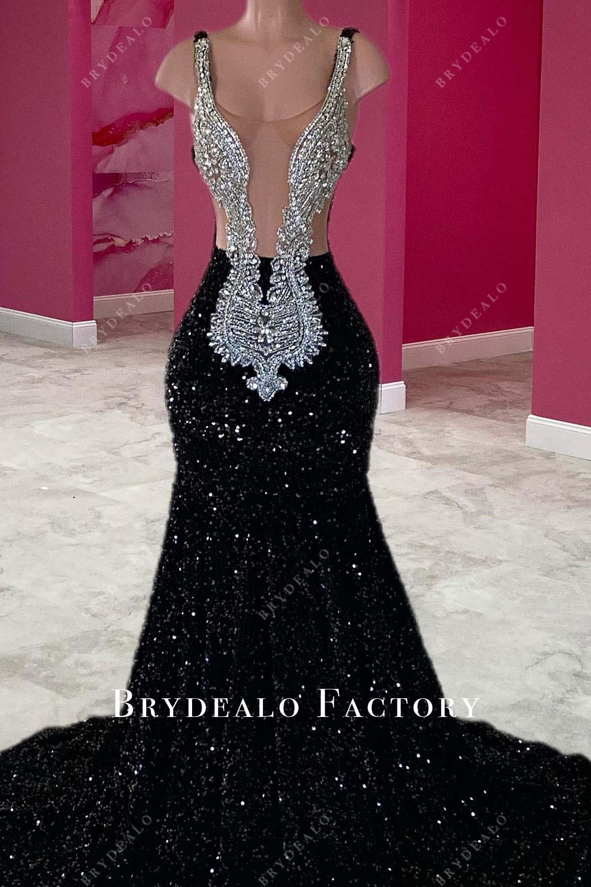 sparkly rhinestones black sequined prom dress