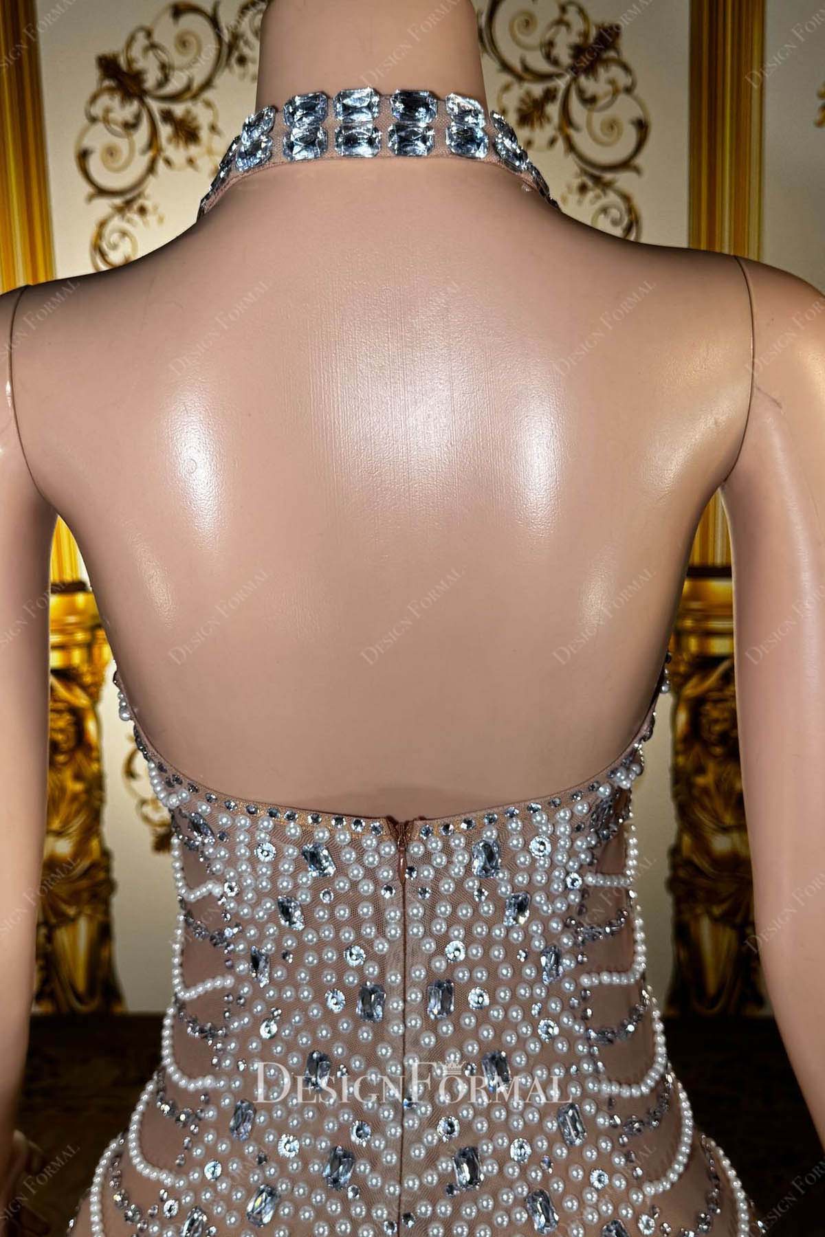 sparkly rhinestones halter backless prom dress