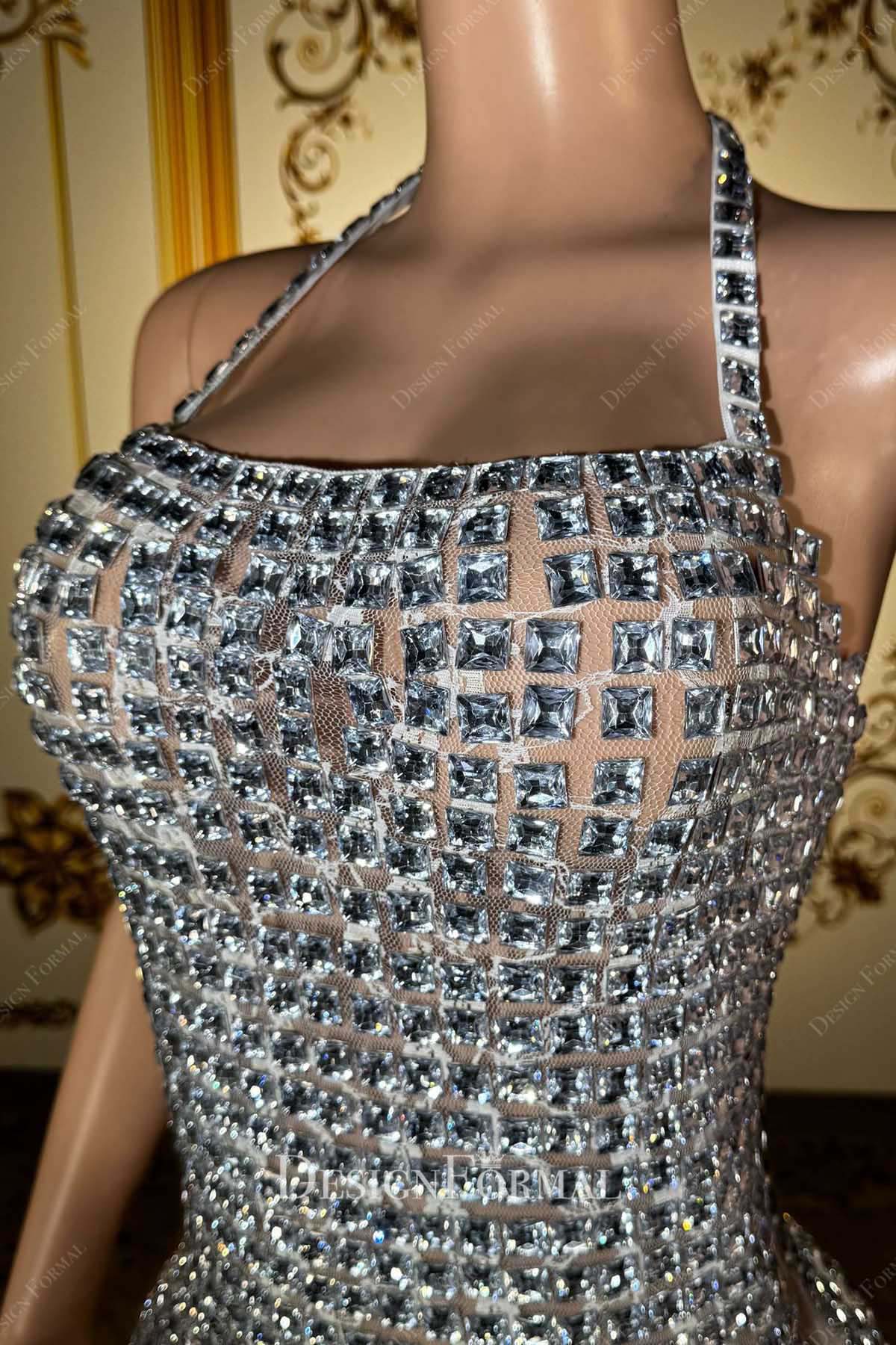 sparkly rhinestones halter prom dress