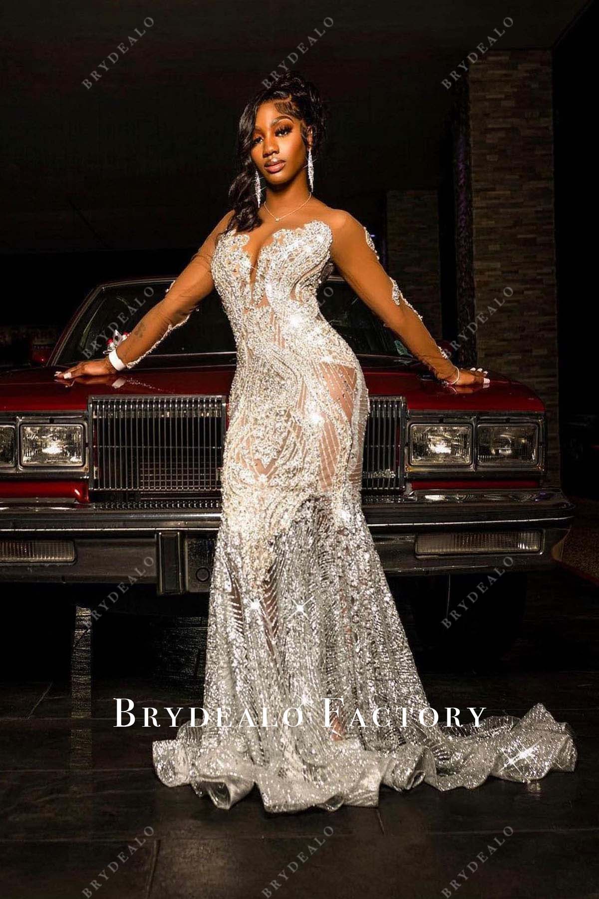 sparkly rhinestones long train prom dress