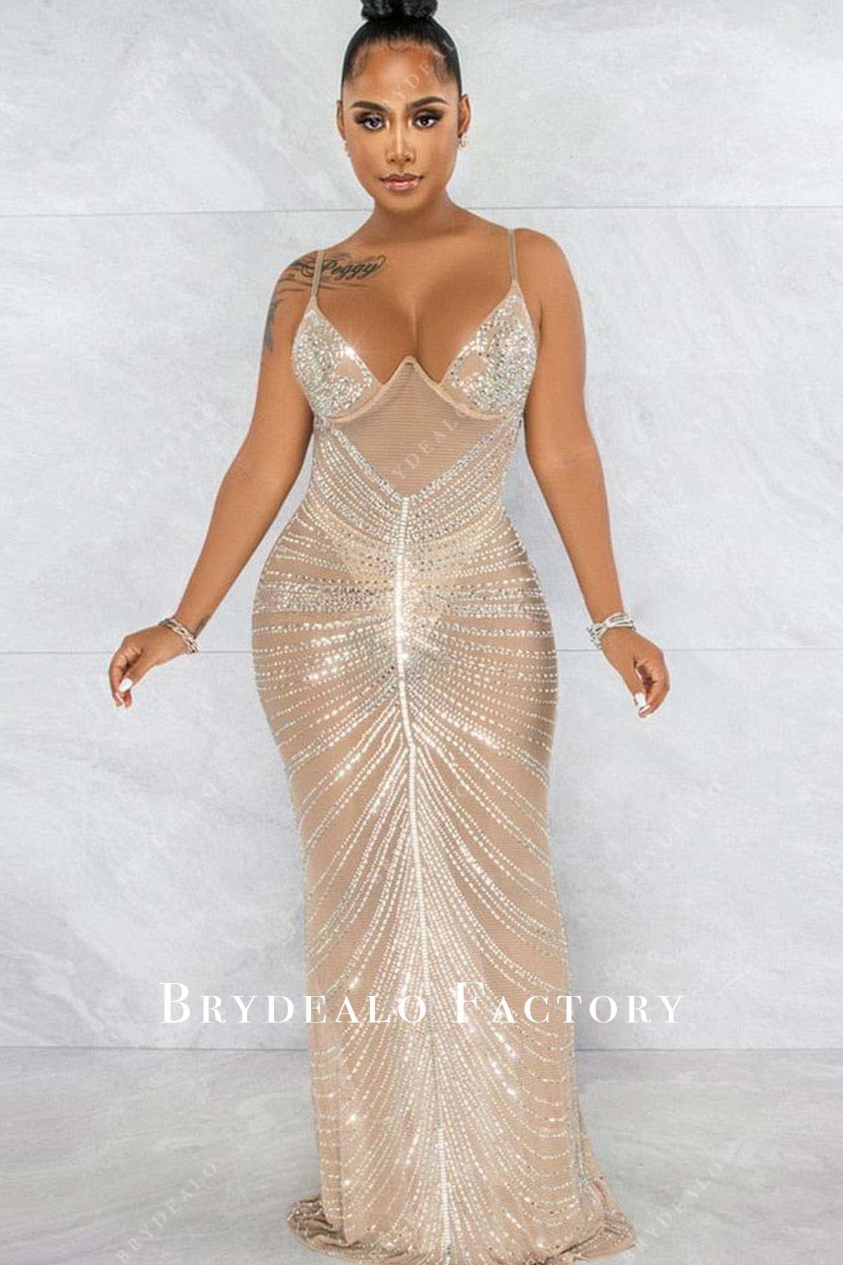 sparkly rhinestones sheer nude prom dress