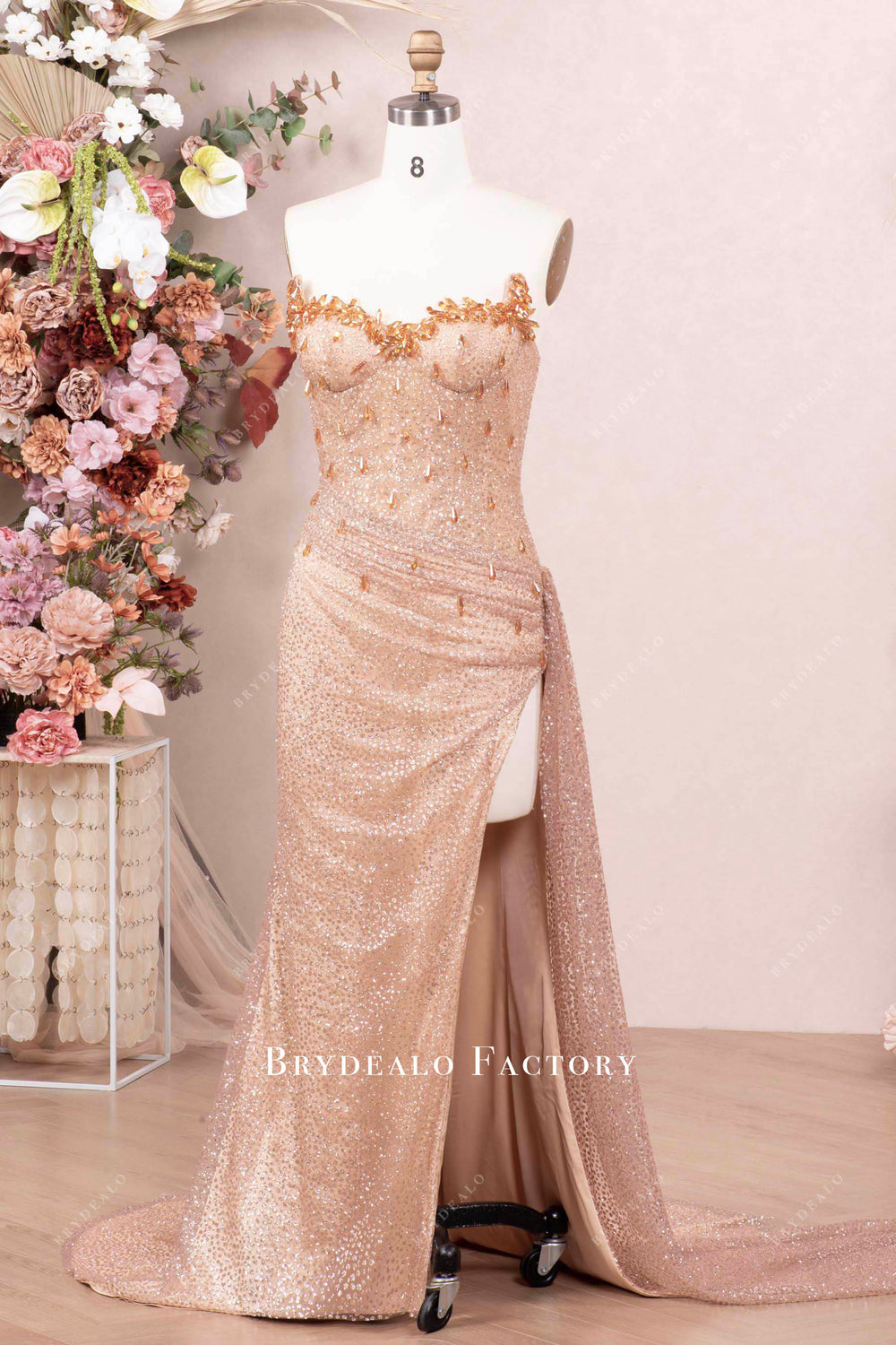 Strapless Sleeveless Shinestone Prom Party Dress High Side Slit and Train WU1127