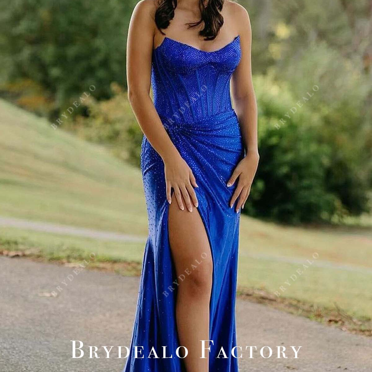 blue dress for baby girl Sparkly Royal Blue Strapless V-Neck Slit Prom Dress