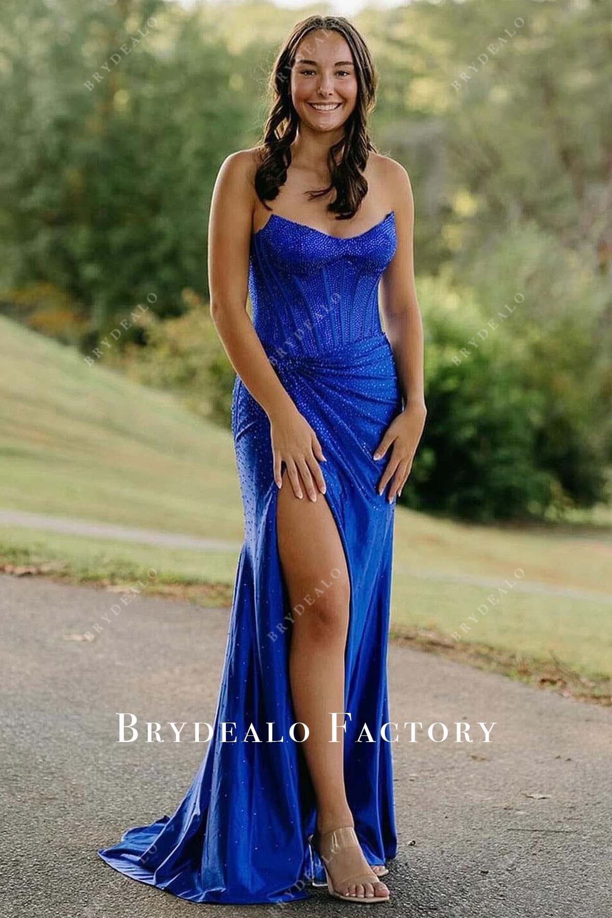 sparkly royal blue strapless slit prom dress