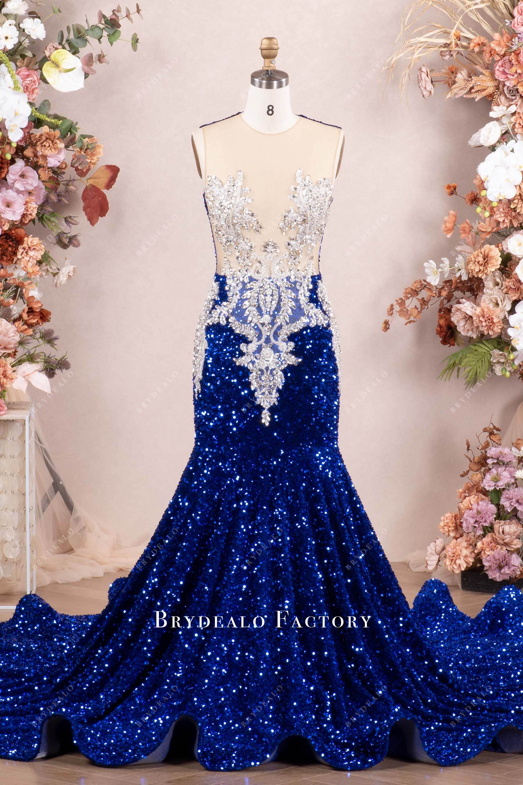 sparkly royal blue velvet sequin prom dress