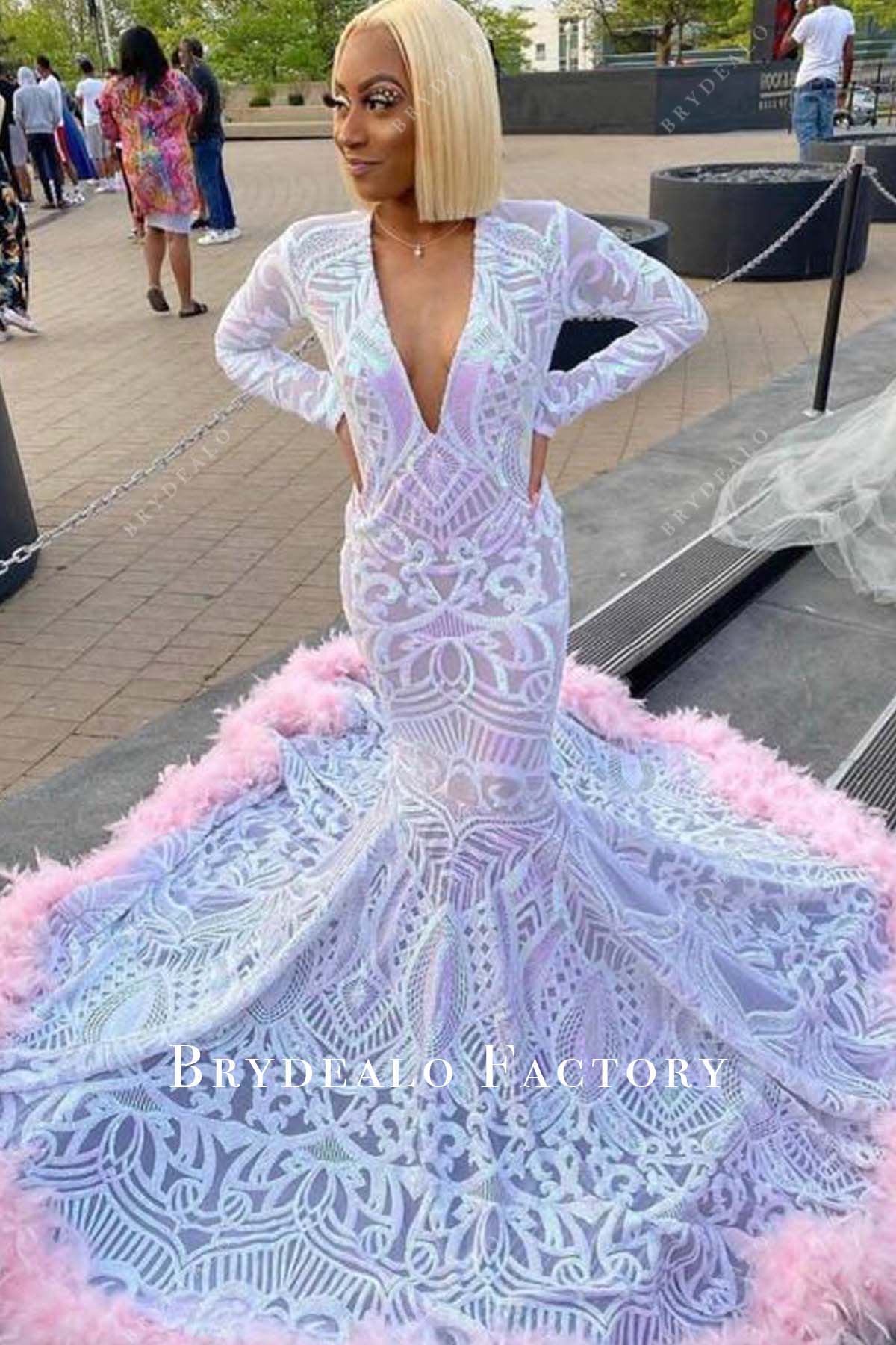 White Sequin Plunging Pink Feather Mermaid Prom Dress
