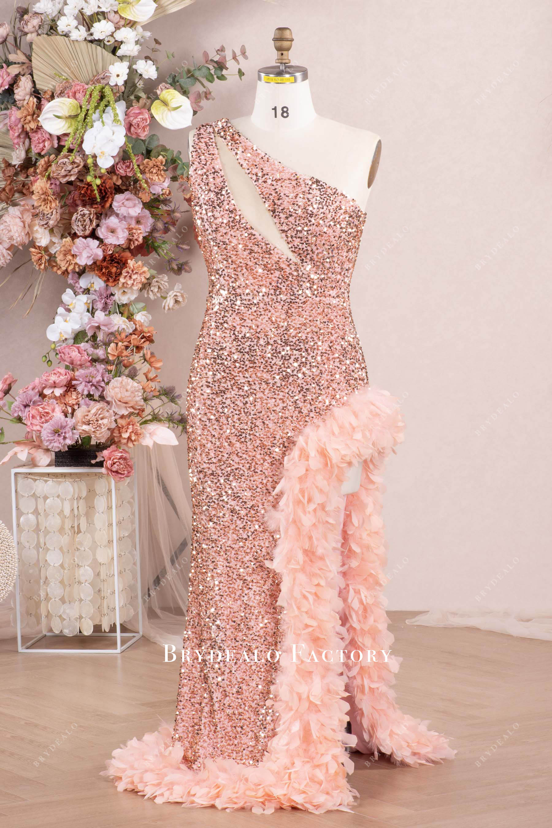 sparkly sequin feather prom dress