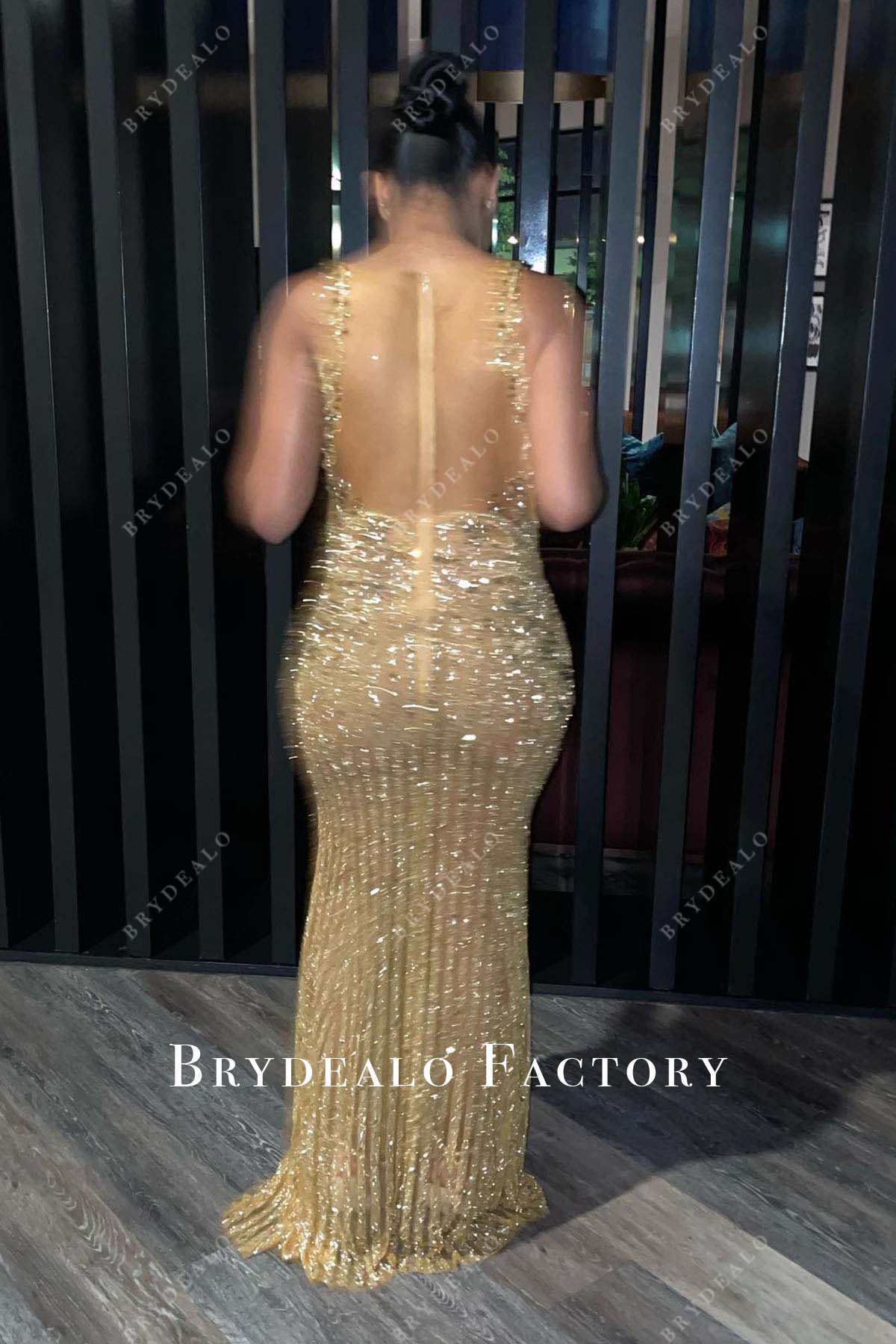 sparkly sequined illusion back prom dress