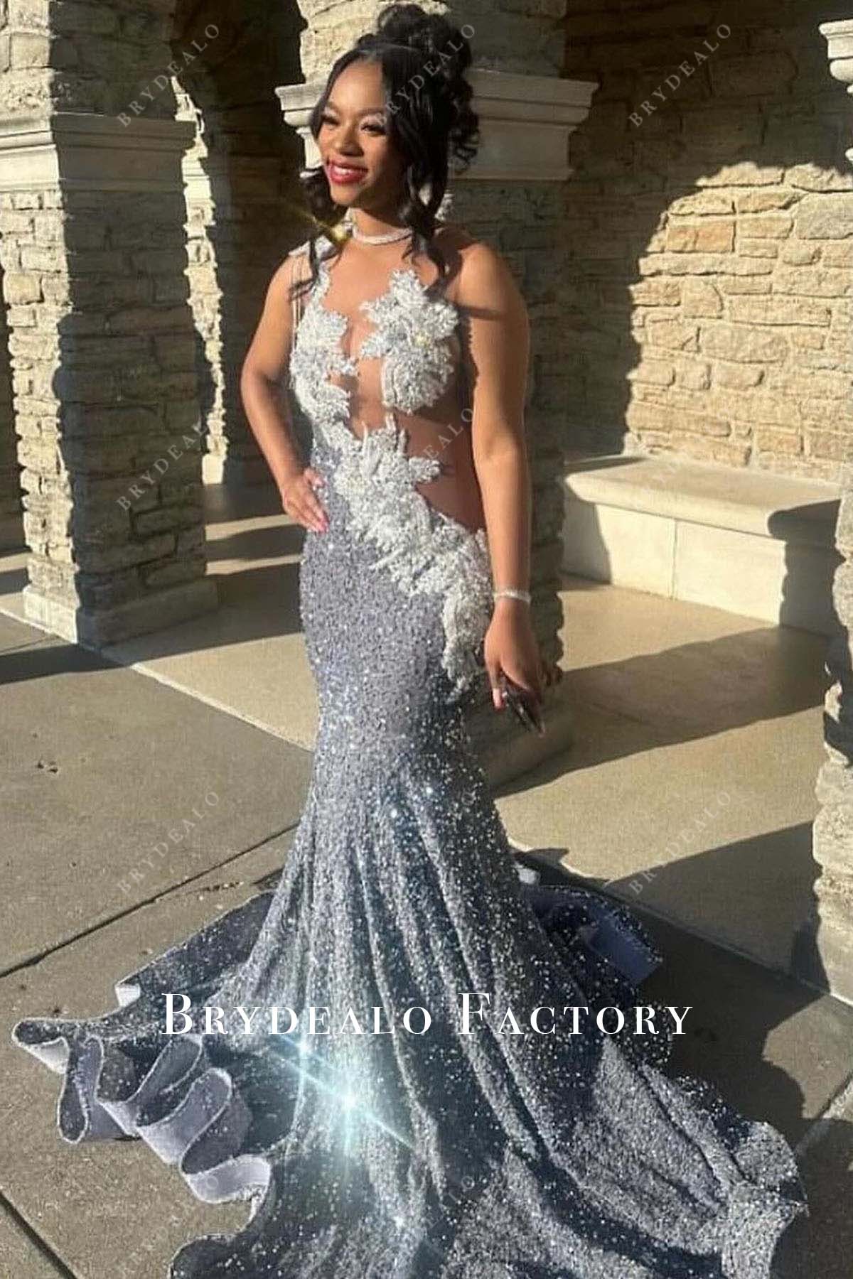 sparkly sequined trumpet long train prom dress