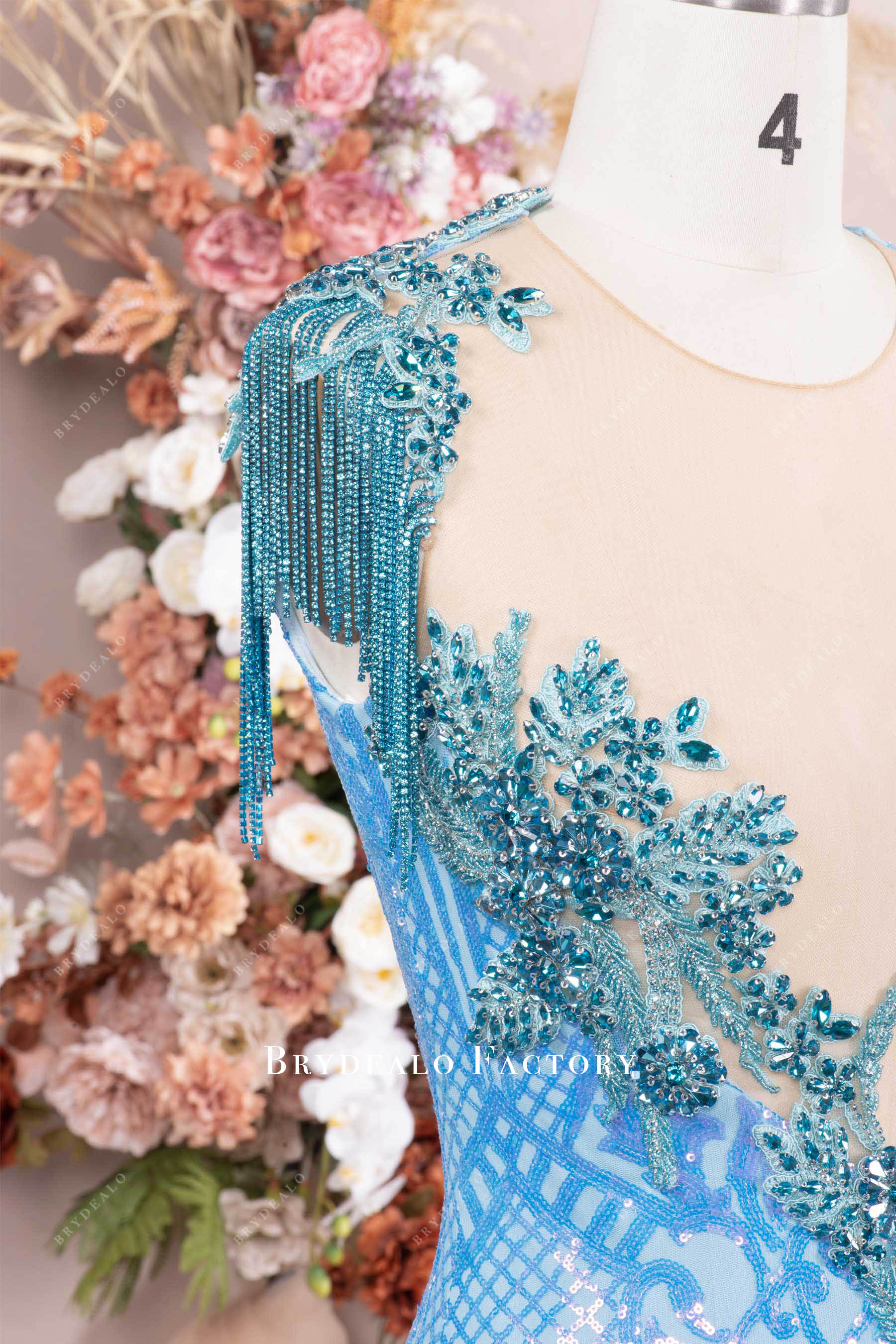 sparkly shoulder rhinestone tassel prom dress