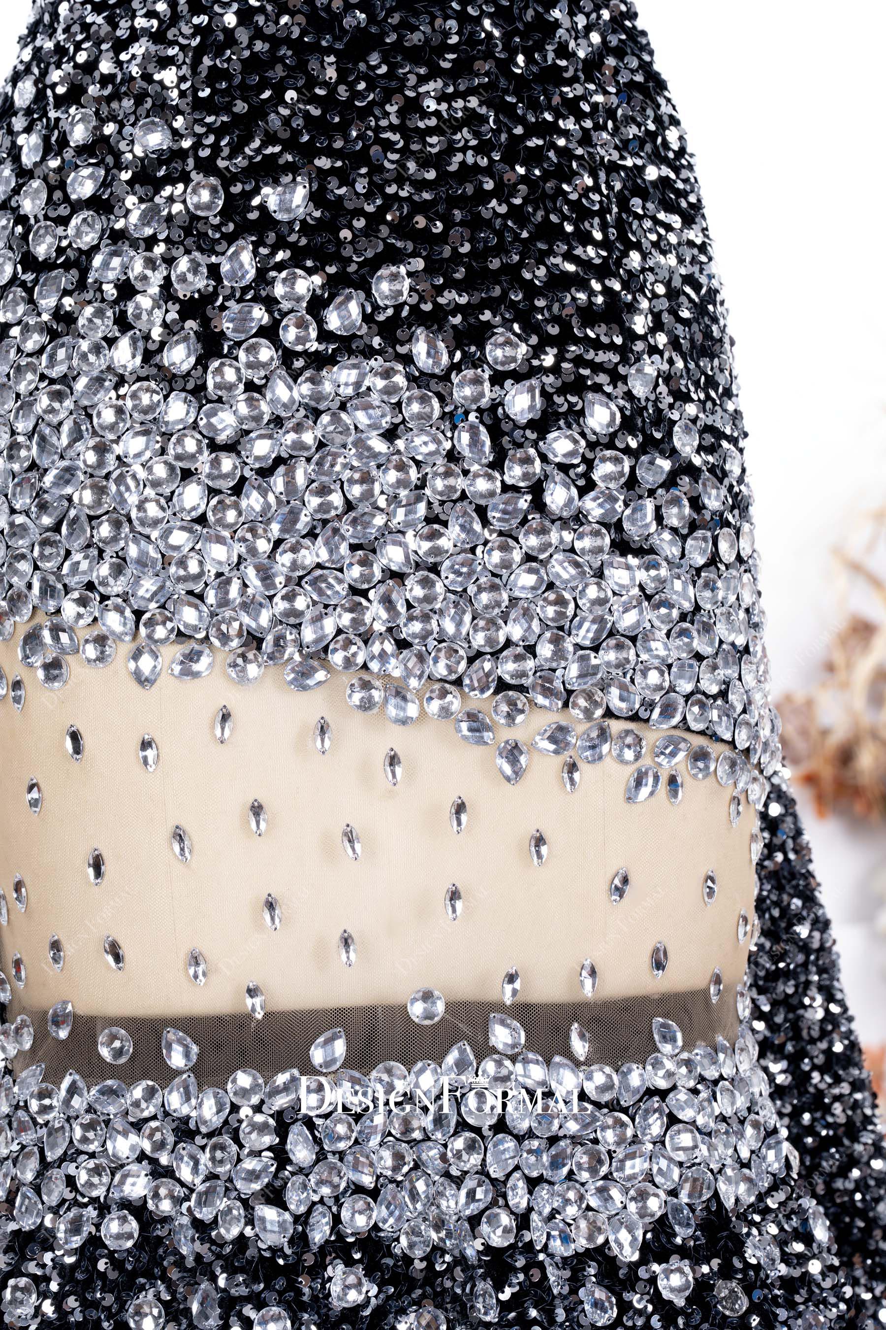 sparkly silver crystals illusion prom dress